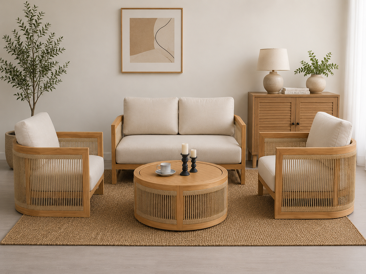 Modern Wooden Cane Accent Chair | Solid Wood Single Seater Sofa | Upholstered Lounge Chair for Living Room OUCH CART