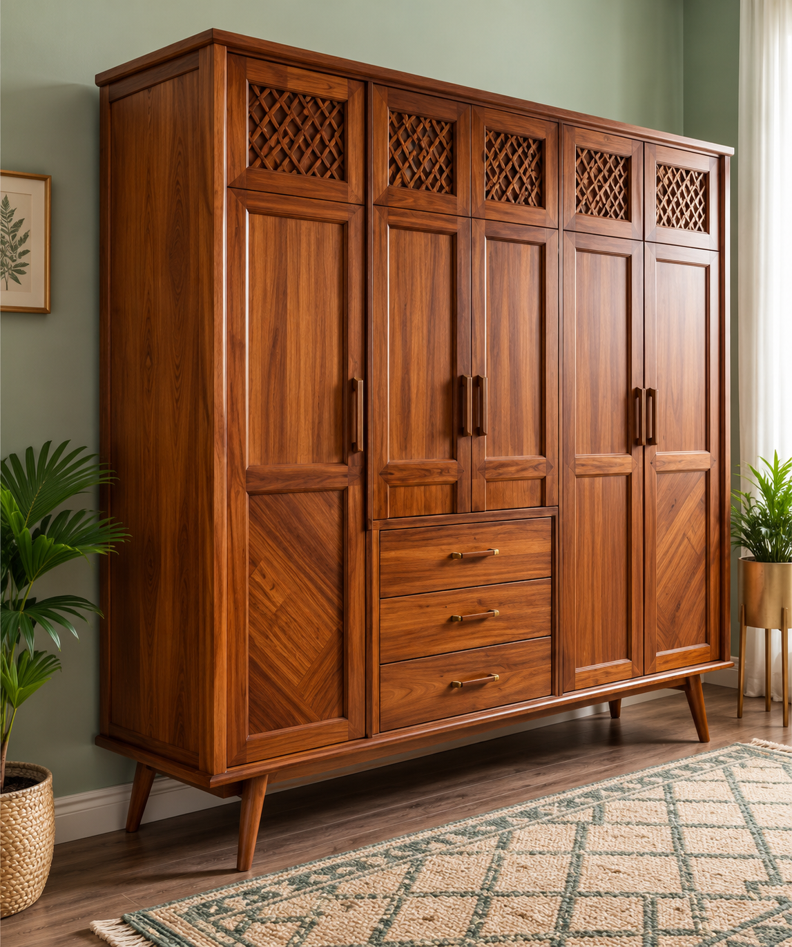 Premium 5 Door Wooden Wardrobe with 3 Drawers | Modern Bedroom Almirah in Walnut Finish | Large Clothes Storage Cabinet OUCH CART