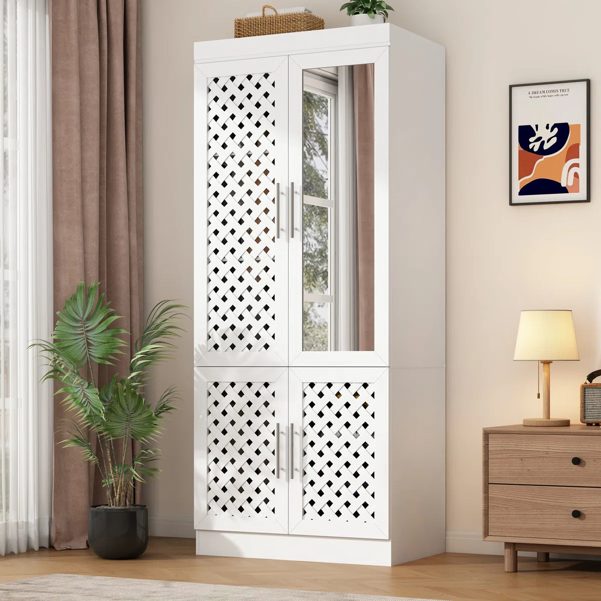 Spacious 75.6'' H Armoire – 3 Woven Doors Wardrobe with Mirror & Sensor Light-OUCH CART | Wardrobe