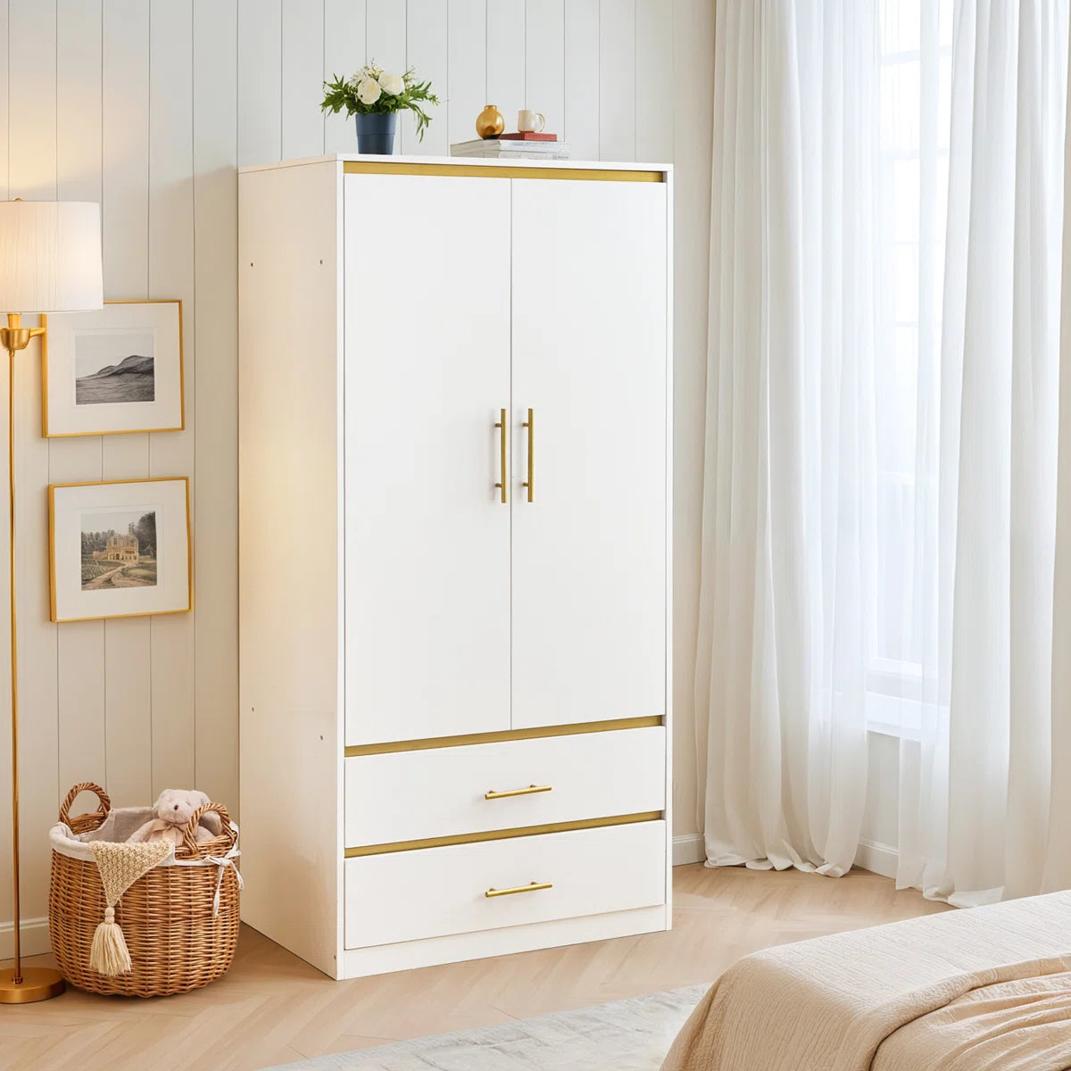 2-Door 66.9" H Armoire Wardrobe – Closet with Hanging Rod & 2 Drawers-OUCH CART | Wardrobe