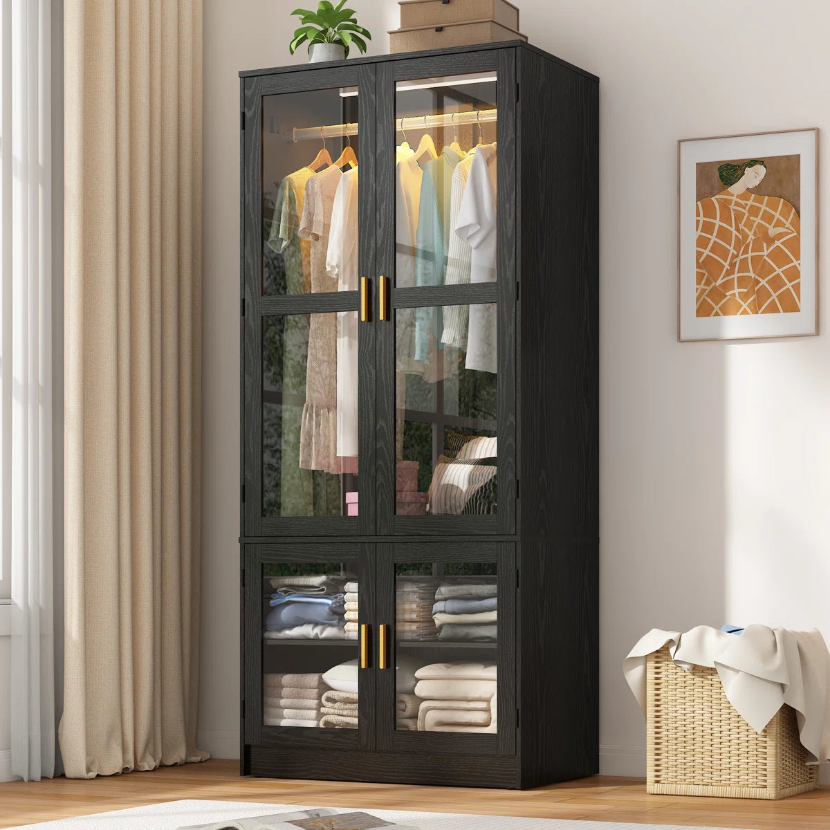 71" H 4-Door Armoire – Modern Wardrobe Closet with LED Sensor Lighting & Rod-OUCH CART | Wardrobe