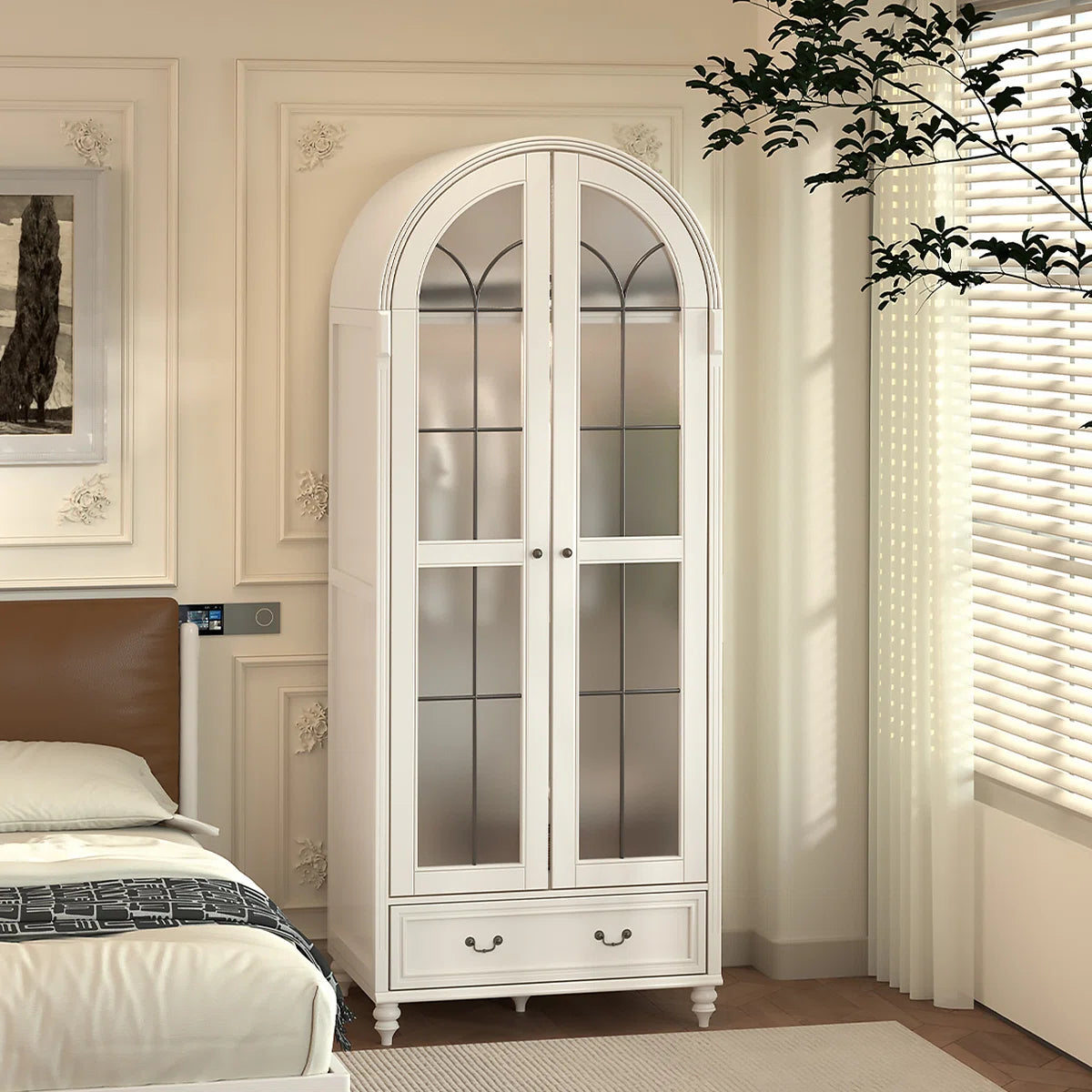 Creamy Retro Oak Arched Wardrobe – Elegant Wooden Bedroom Closet-OUCH CART | Wardrobe