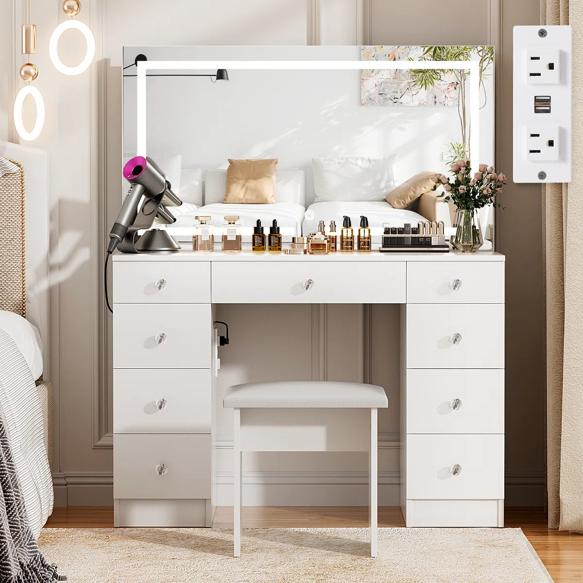 Greyden Lighted Vanity Set with LED Mirror, Diamond Handles on 9 Drawers, and Built-In Power Outlet- Ouch Cart | Dressing table