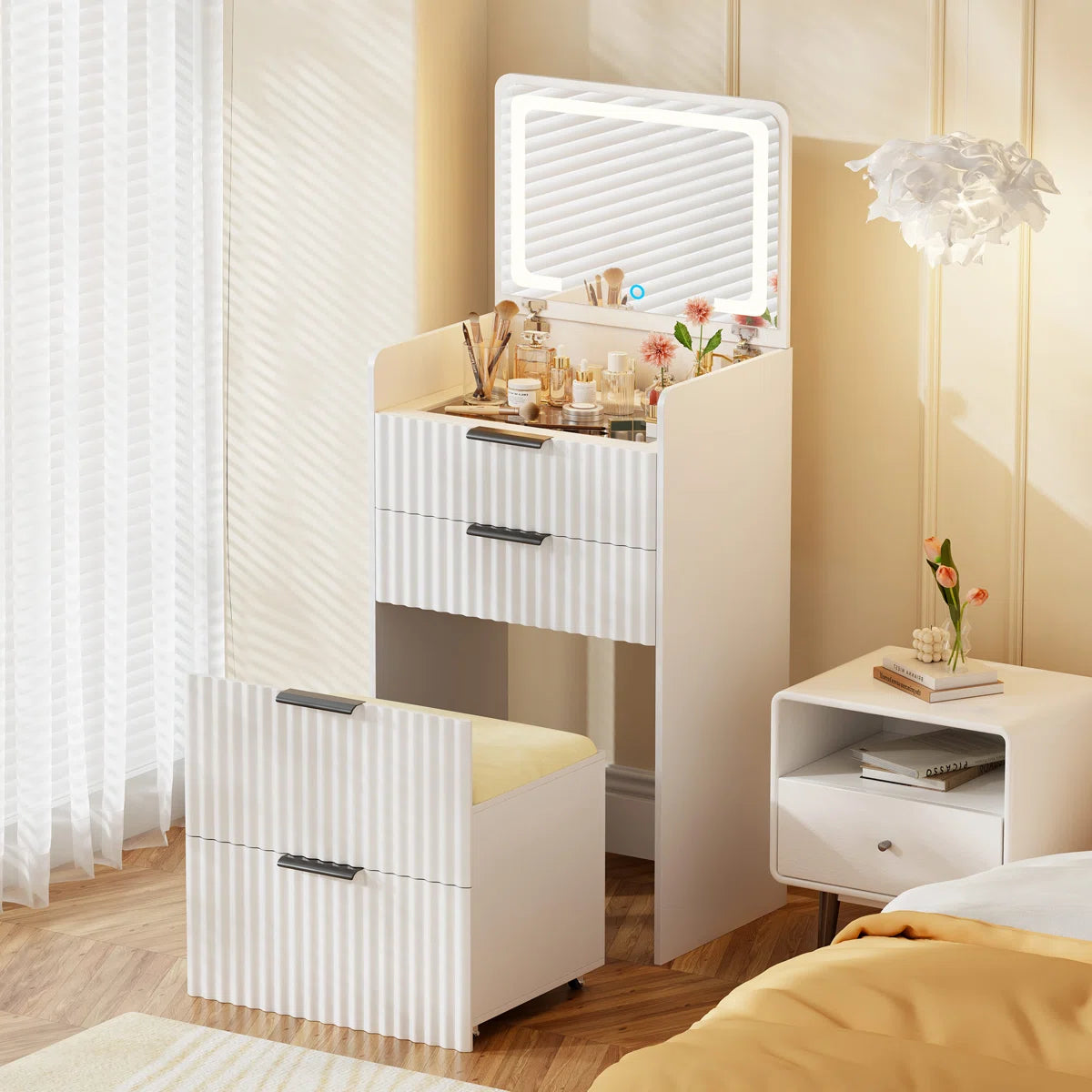 Space-Saving Vanity Desk with Flip-Up LED Mirror, Glass Drawer Storage, and Hidden Stool- OUCH CART| Dressing tables