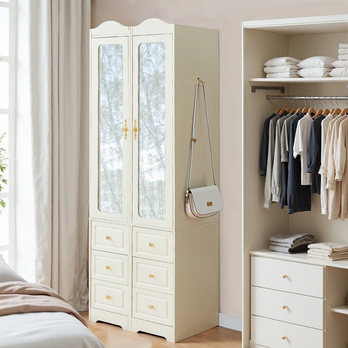 Large Armoire Wardrobe Closet 6 Drawers 2 Mirrors Hanging Rod with Sensor Lights