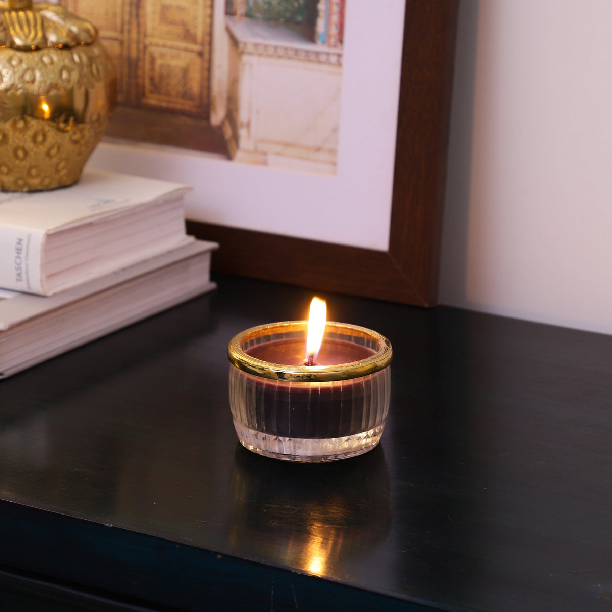 black velvet Scented candle glass jar with Golden Ring M.M.I. OVERSEAS