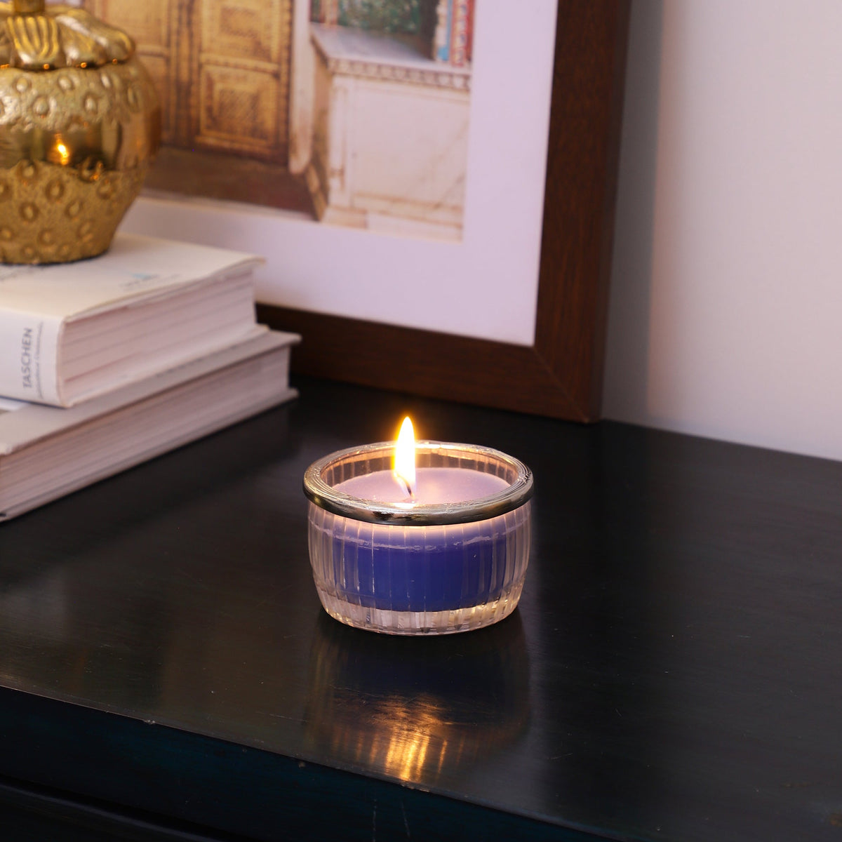 ocean breeze blue Scented candle glass jar with Silver ring M.M.I. OVERSEAS