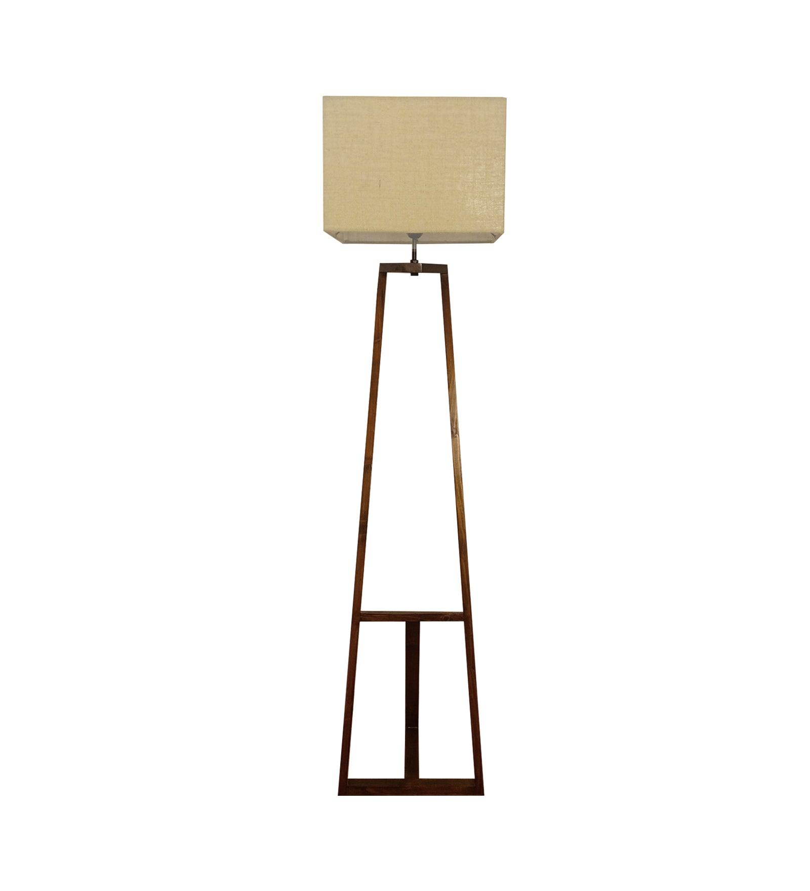 Angular Wooden Floor Lamp with Brown Base and Premium Beige Fabric Lampshade (BULB NOT INCLUDED) - Ouch Cart
