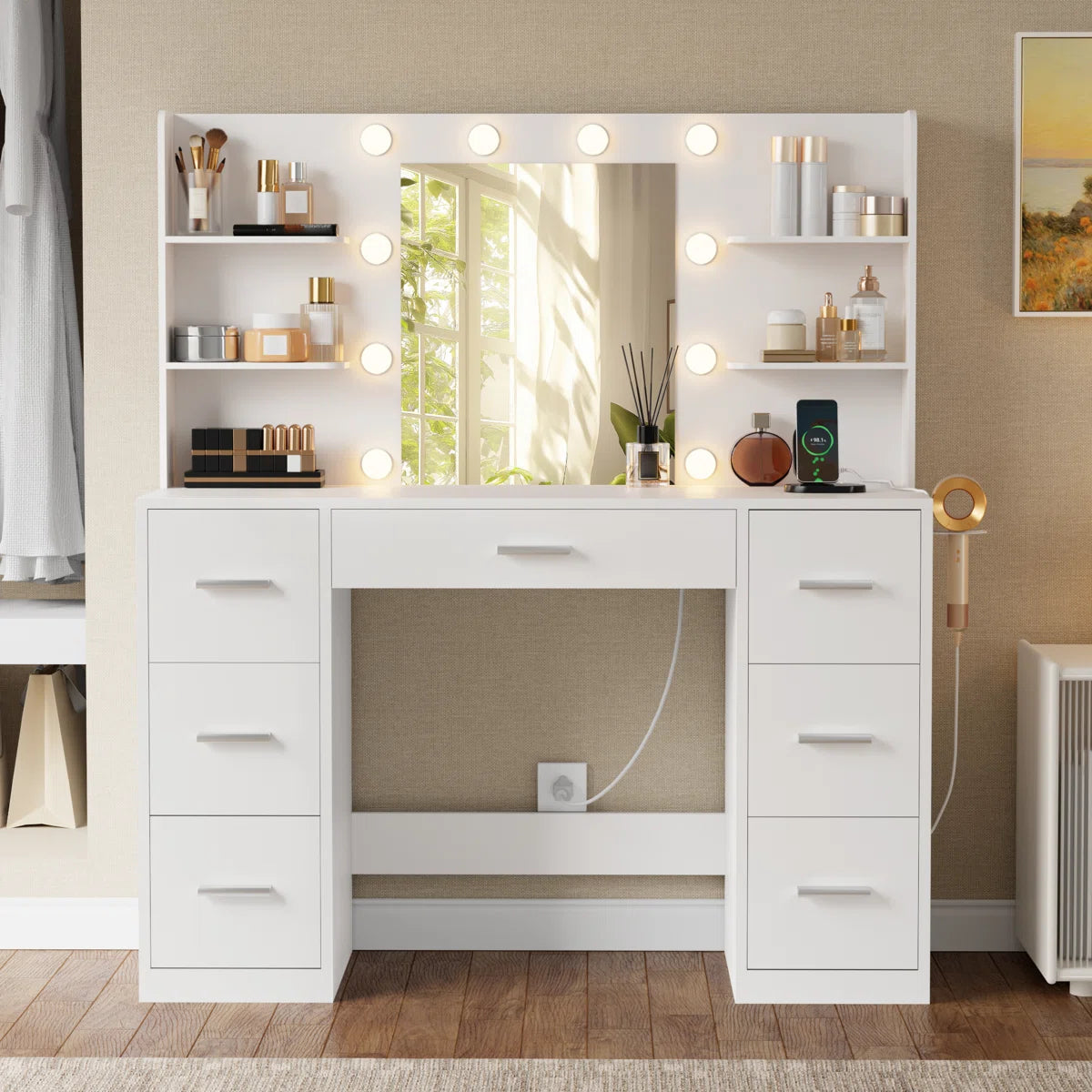 Ragin Vanity Desk with 3-Mode LED Mirror Lights and Built-In USB Charging Station-OUCH CART | dressing table