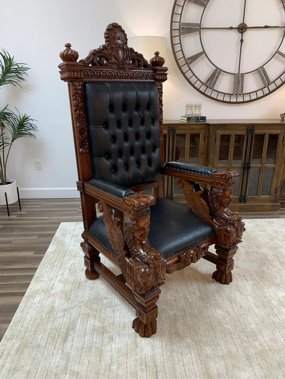 Kristofer 39" Mahogany & Tufted Top Grain Leather Throne Chair Ouch Cart