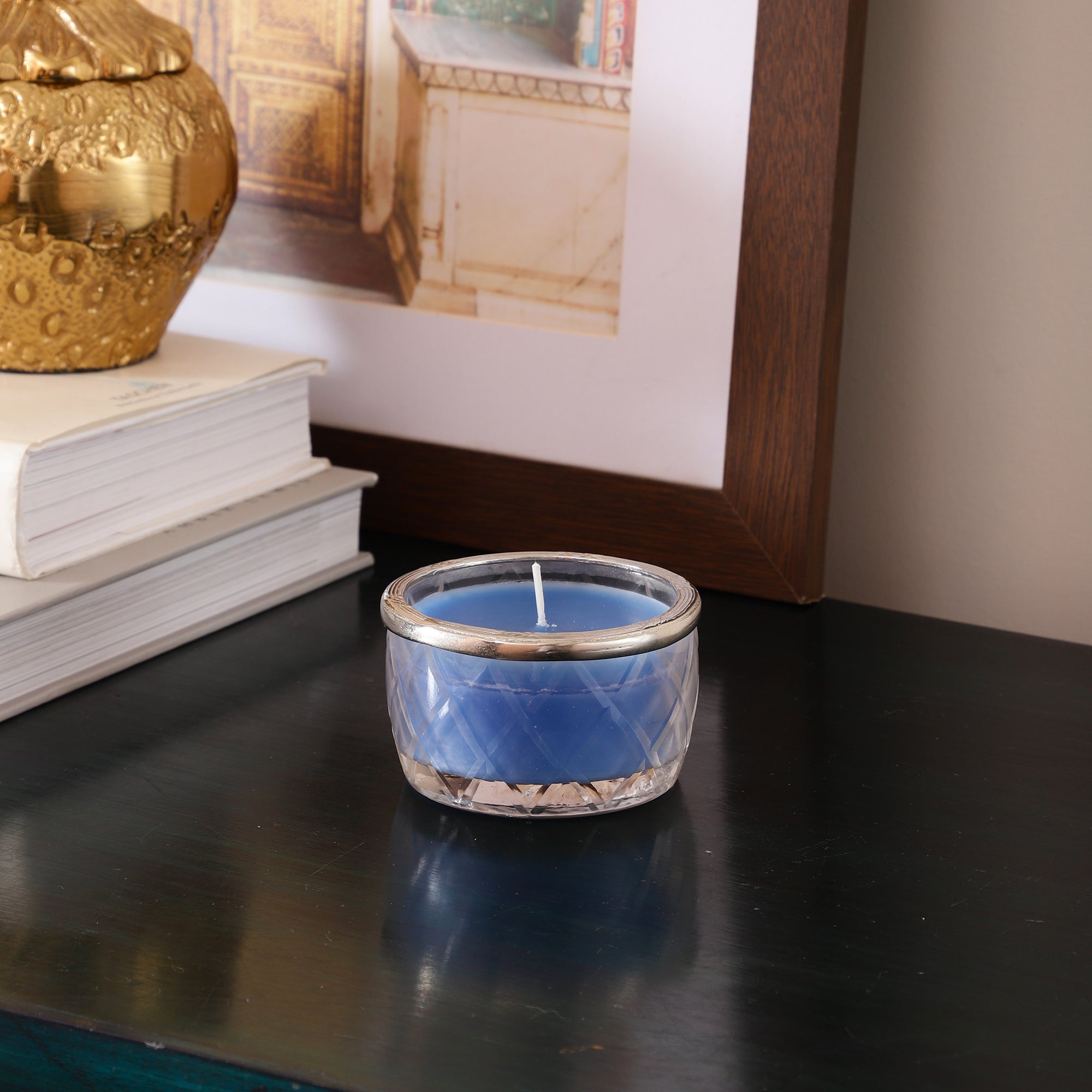 ocean breeze blue Scented candle jar with Silver ring