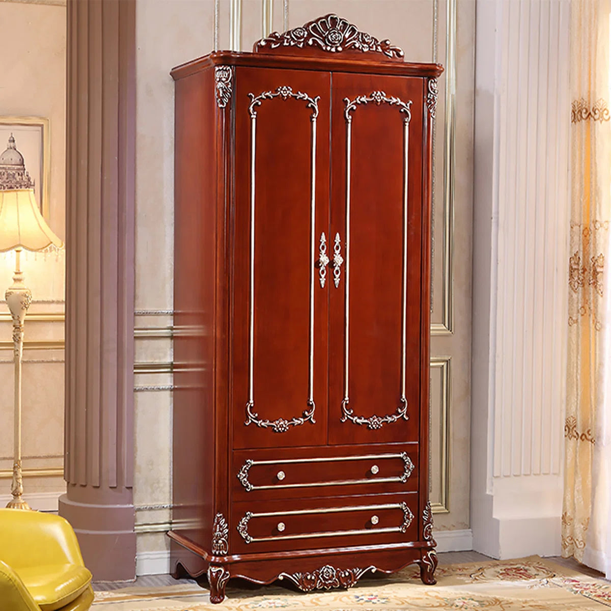 Carved Oak European-Style Wardrobe – Classic Wooden Bedroom Armoire-OUCH CART | Wardrobe