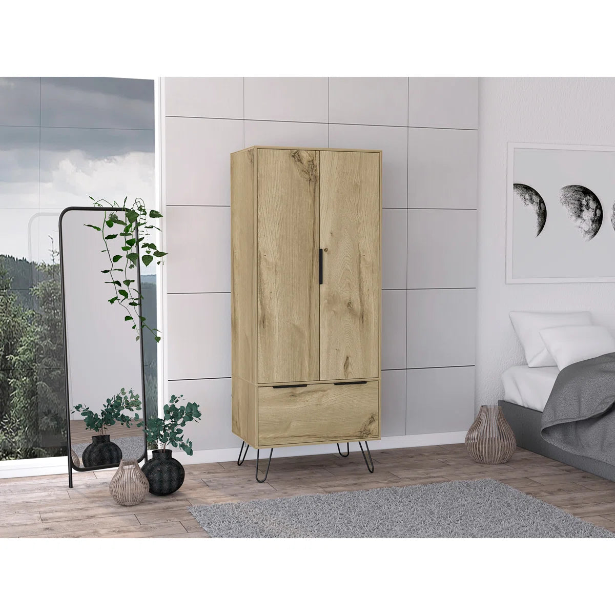 Light Oak Wardrobe – Wooden Bedroom Closet with 2 Doors & 1 Storage Drawer-OUCH CART |Wardrobe