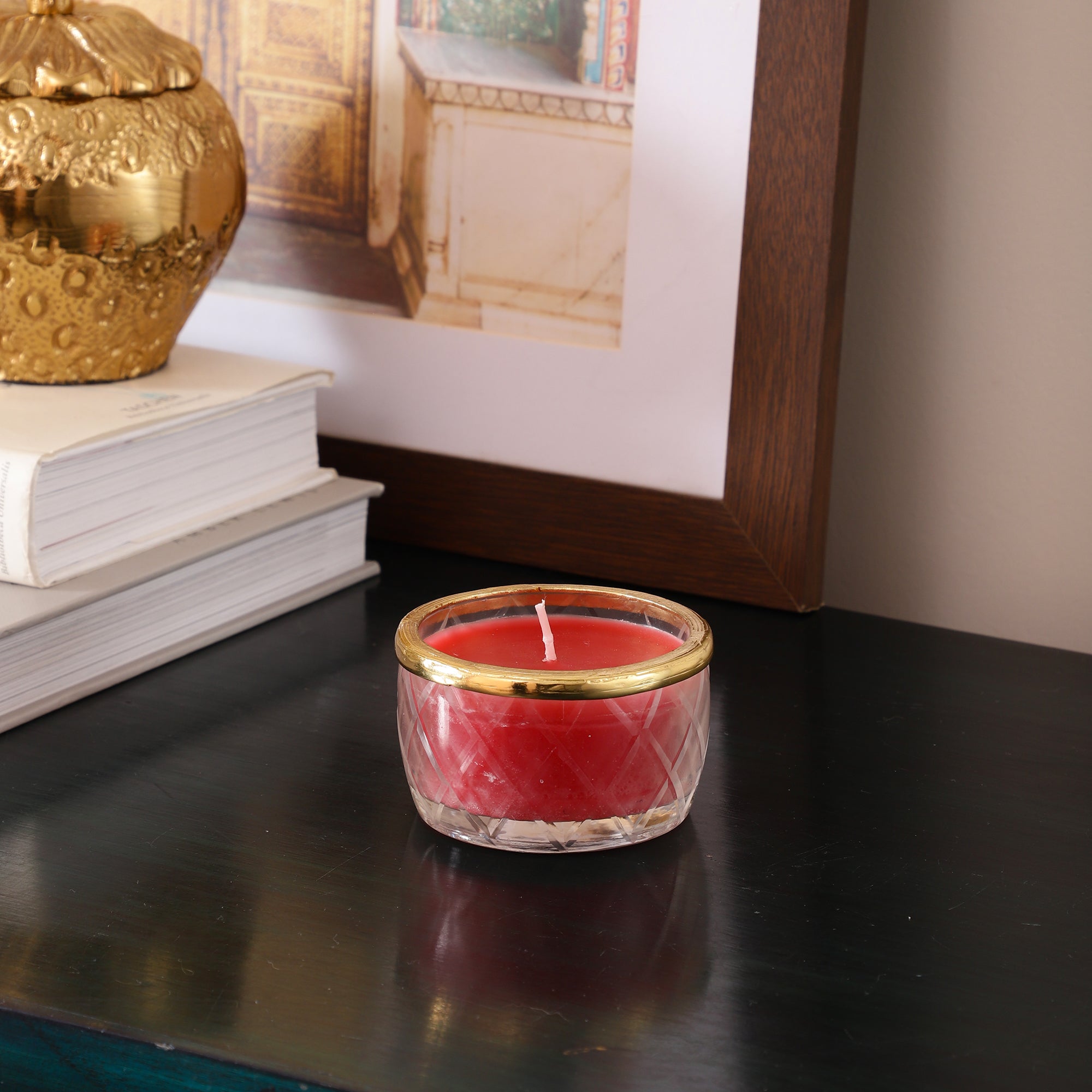 cherry blossom red scented candle jar with Golden ring M.M.I. OVERSEAS