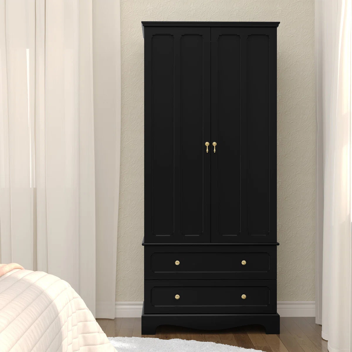 Elegant Wooden Wardrobe Armoire with 2 Drawers – Freestanding Design-OUCH CART | Wardrobe