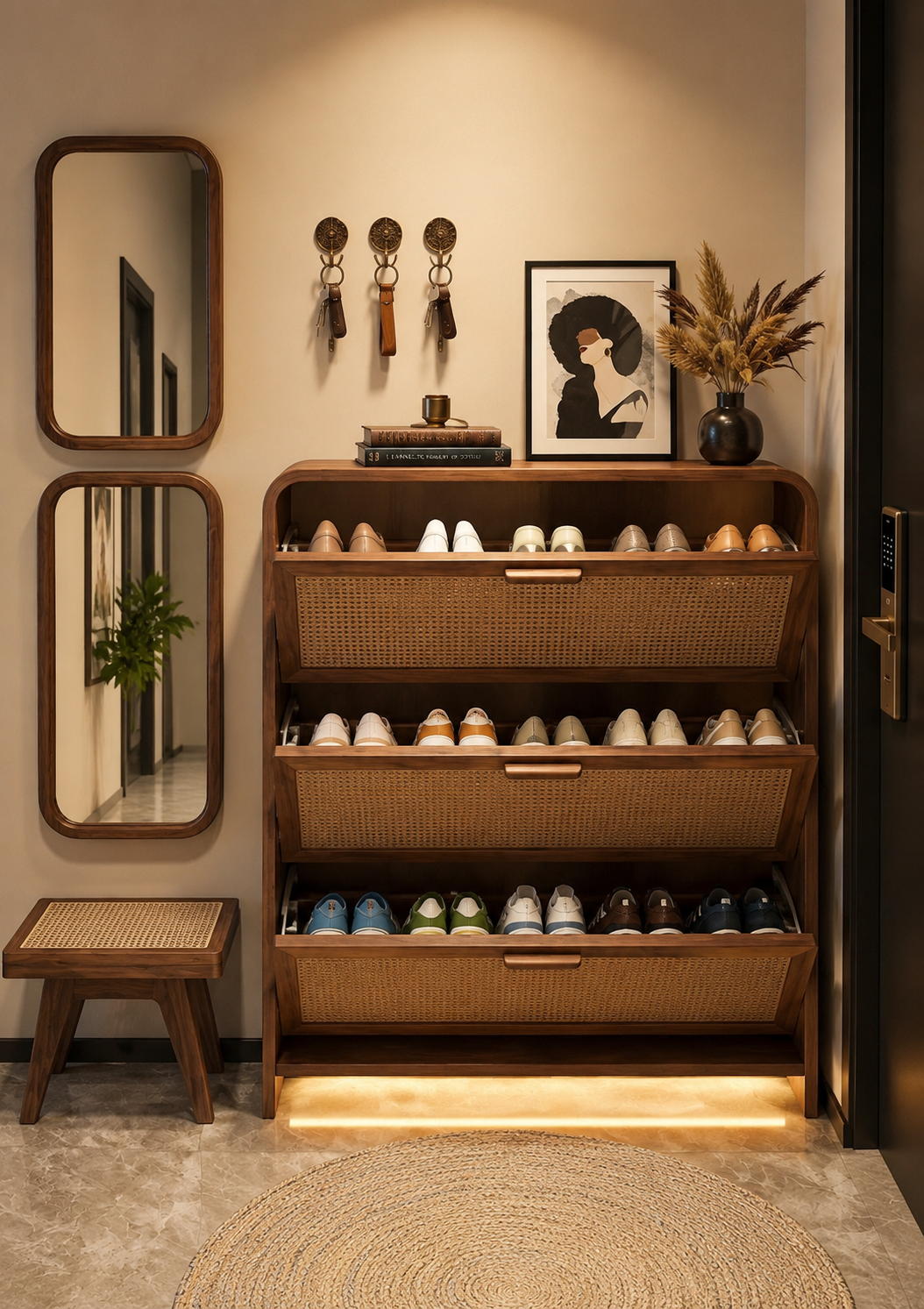 Modern Wooden Shoe Cabinet with Rattan Doors | 3-Tier Flip Drawer Shoe Storage Organizer | Space-Saving Entryway Shoe Rack for Home, Hallway & Living Room OUCH CART