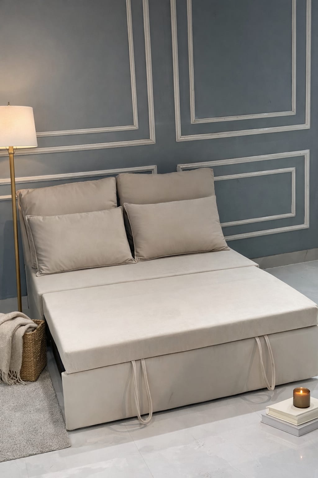 Premium Upholstered Sofa Cum Bed with Cushioned Backrest | Modern Space-Saving Fabric Sofa Bed