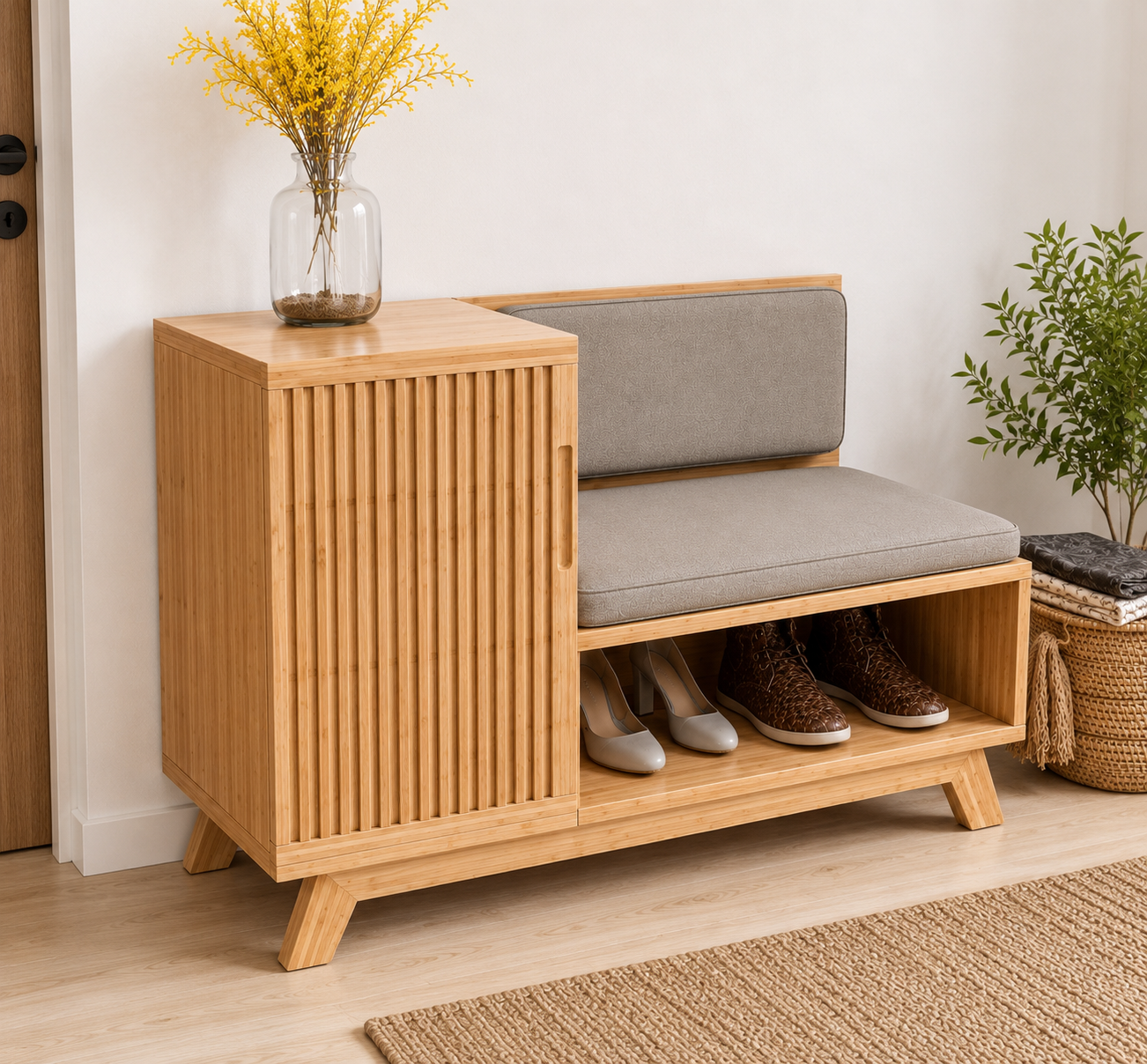 Modern Bamboo Shoe Storage Bench with Sliding Door | Entryway Shoe Organizer Cabinet with Cushioned Seat OUCH CART