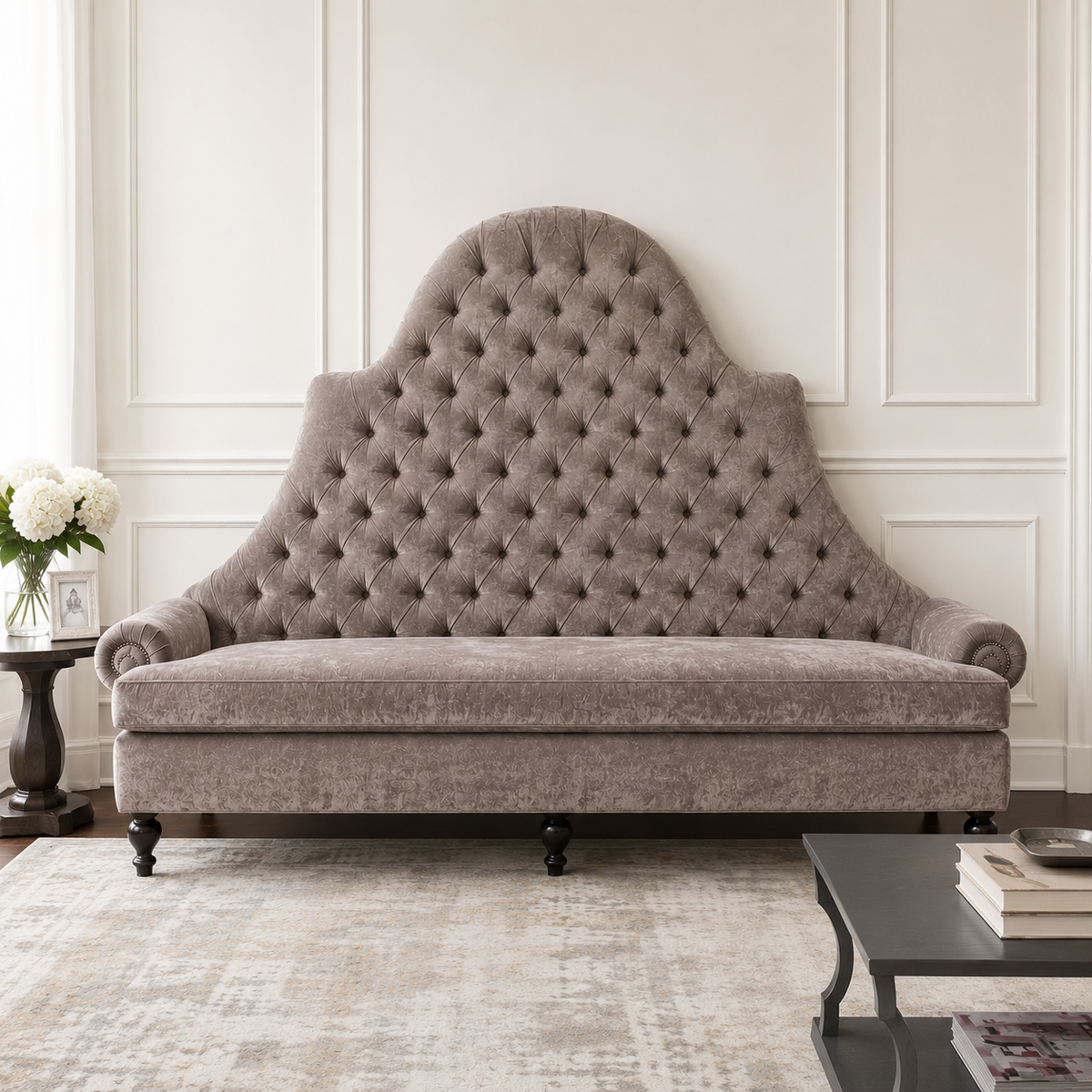 Tufted High Back 2 Seater Sofa with Rolled Arms & Wooden Legs | Elegant Living Room Couch OUCH CART