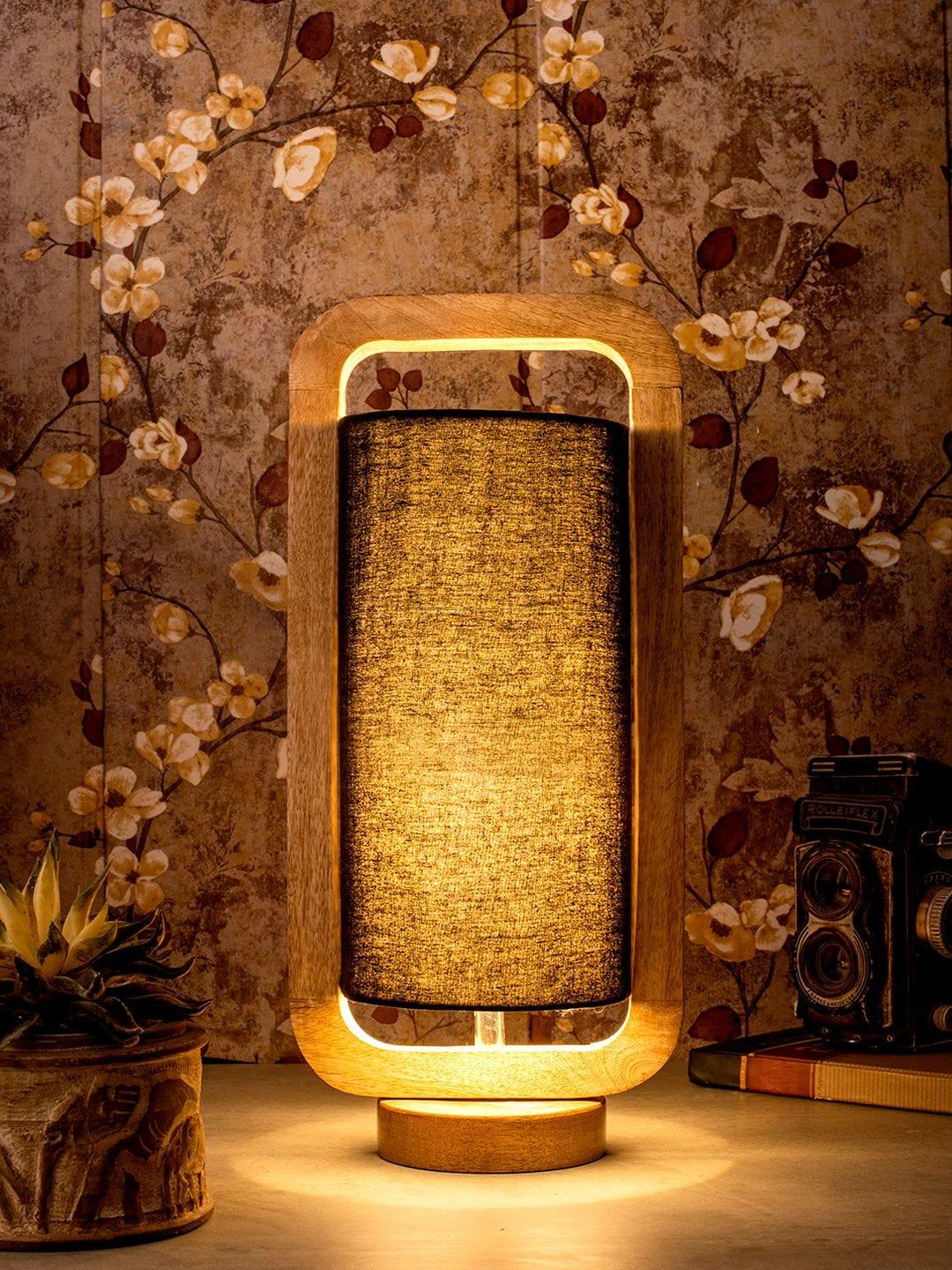 Wooden Lantern Lamp with Black Cotton Shade - Ouch Cart