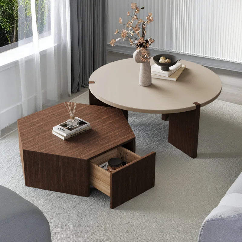 2-Piece Wooden Nested Coffee Table Set with Hidden Drawers Modern Living Room Furniture Stylish Multi-Functional Nesting Tables for Small
