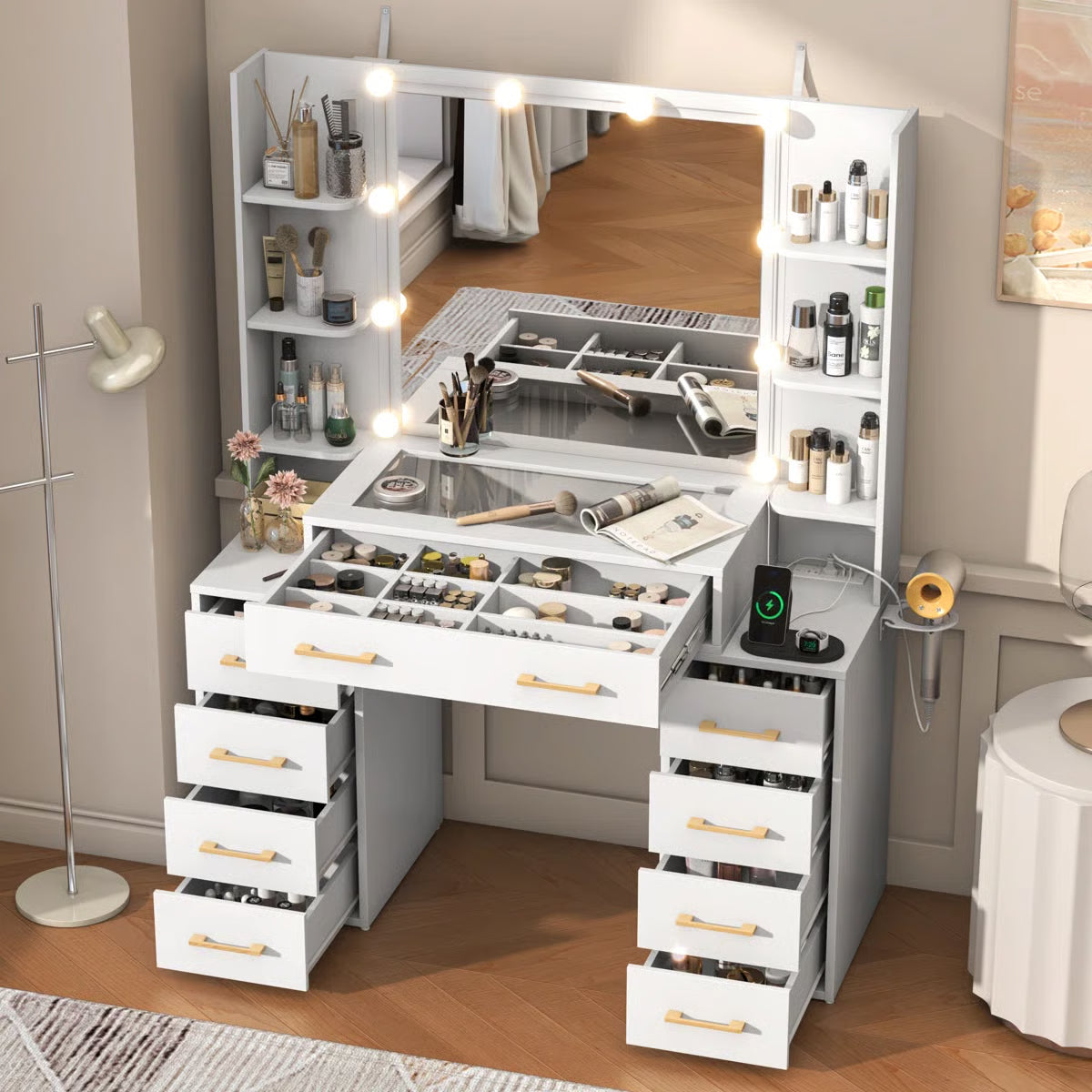 Tempered Glass Vanity Desk with , Mirror