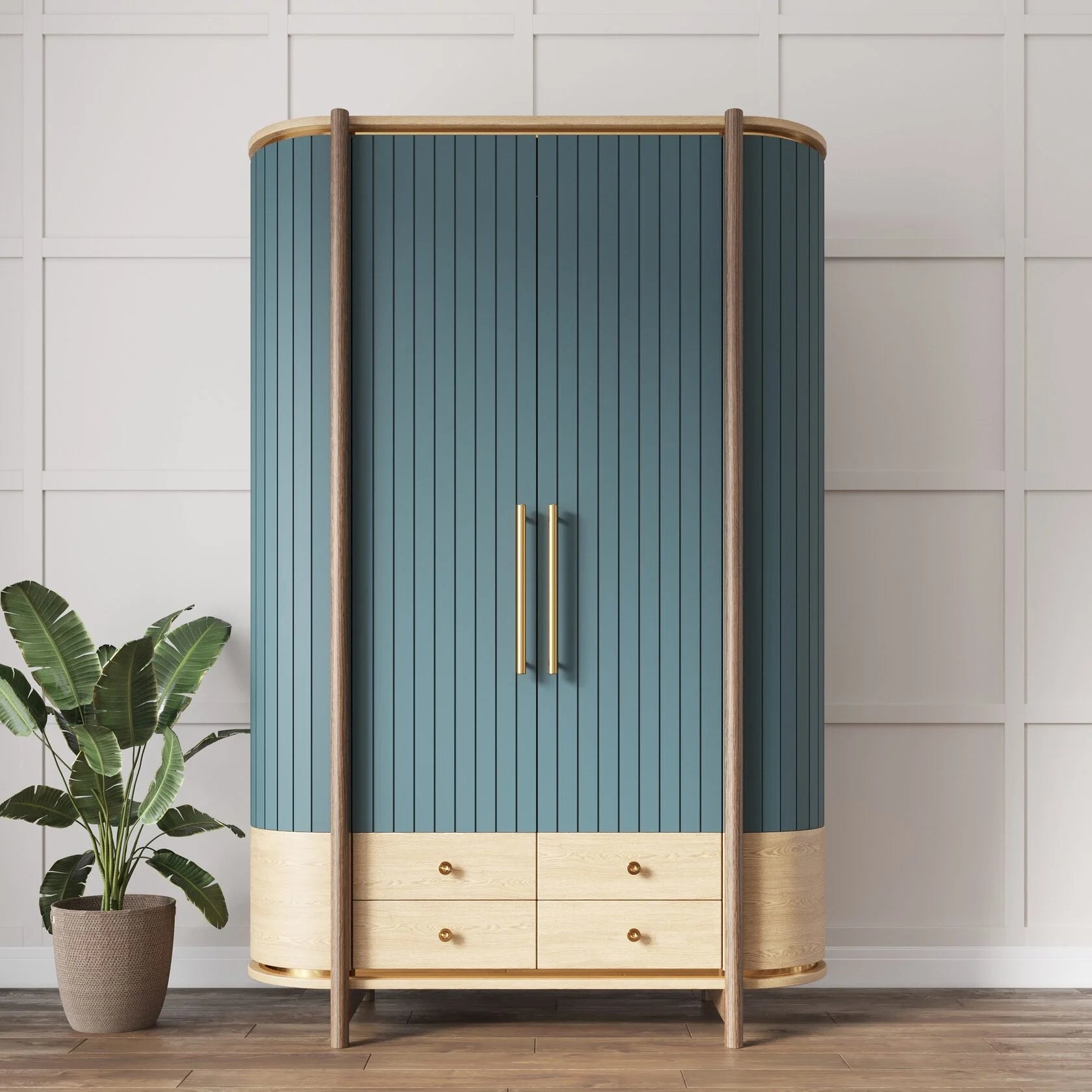 Modern 2 Door Wooden Wardrobe with 4 Drawers | Fluted Panel Bedroom Almirah | Scandinavian Storage Cabinet