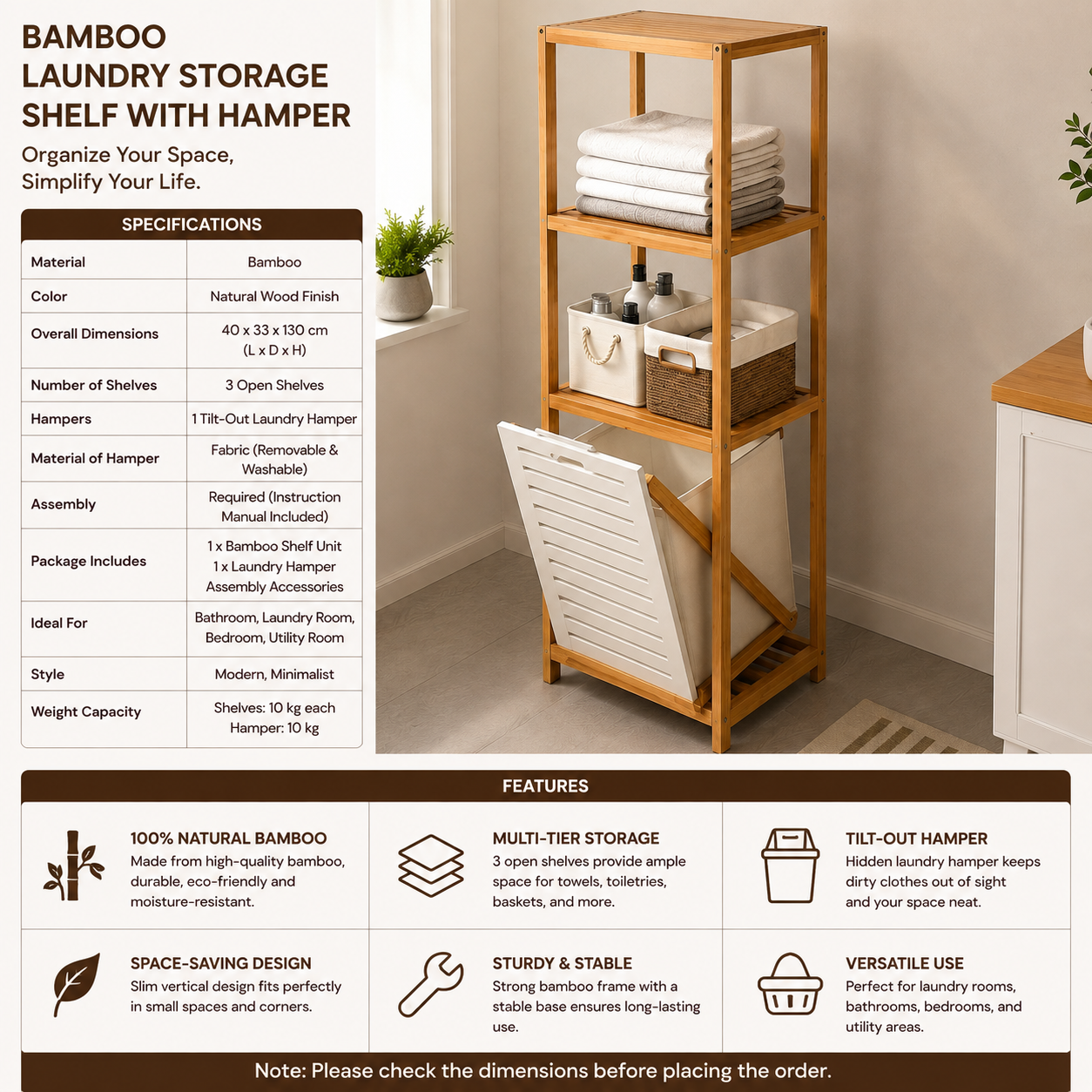 Ouch Cart Bamboo Bathroom Storage Shelf with Laundry Basket