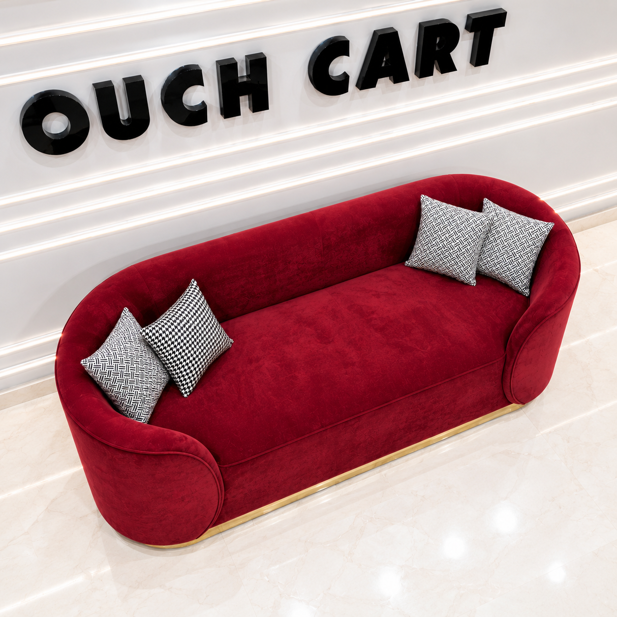 Ouch Cart Luxury Red Velvet Sofa | Modern 3-Seater Curved Sofa with Gold Base OUCH CART