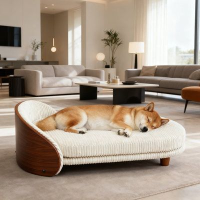 Modern Luxury Wooden Pet Bed for Dogs & Cats | Soft Plush Corduroy Cushion | Stylish Elevated Indoor Pet Sofa Bed | Comfortable Sleeping Bed for Small & Medium Pets OUCH CART