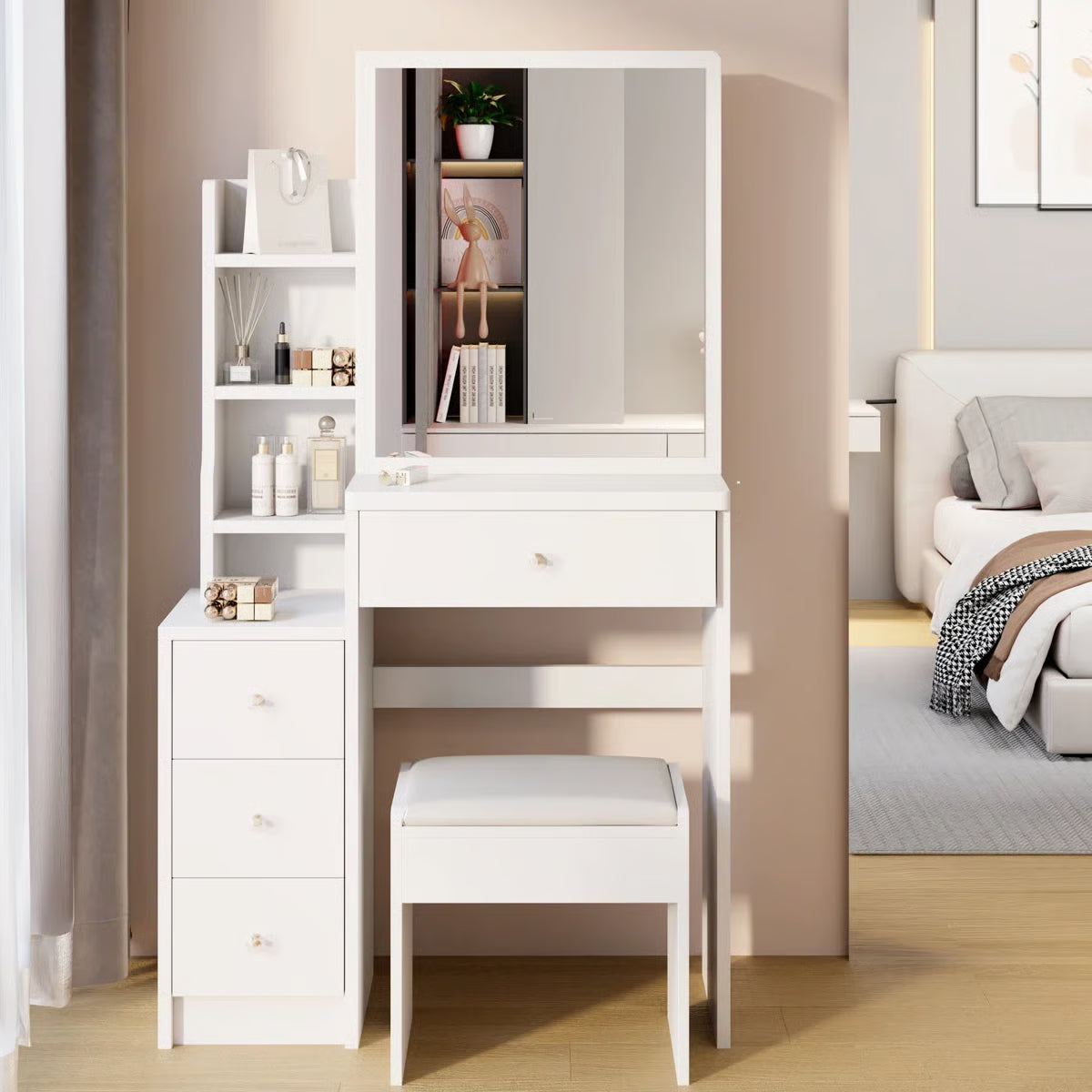 Space-Saving White Vanity Table – 29.2" Small Bedroom Piece, 50.4" Tall with High Storage-OUCH CART |Dressing table