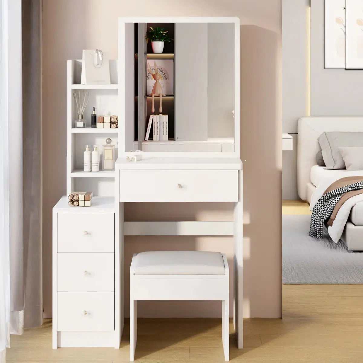 Space-Saving White Vanity Table – 29.2" Small Bedroom Piece, 50.4" Tall with High Storage-OUCH CART |Dressing table