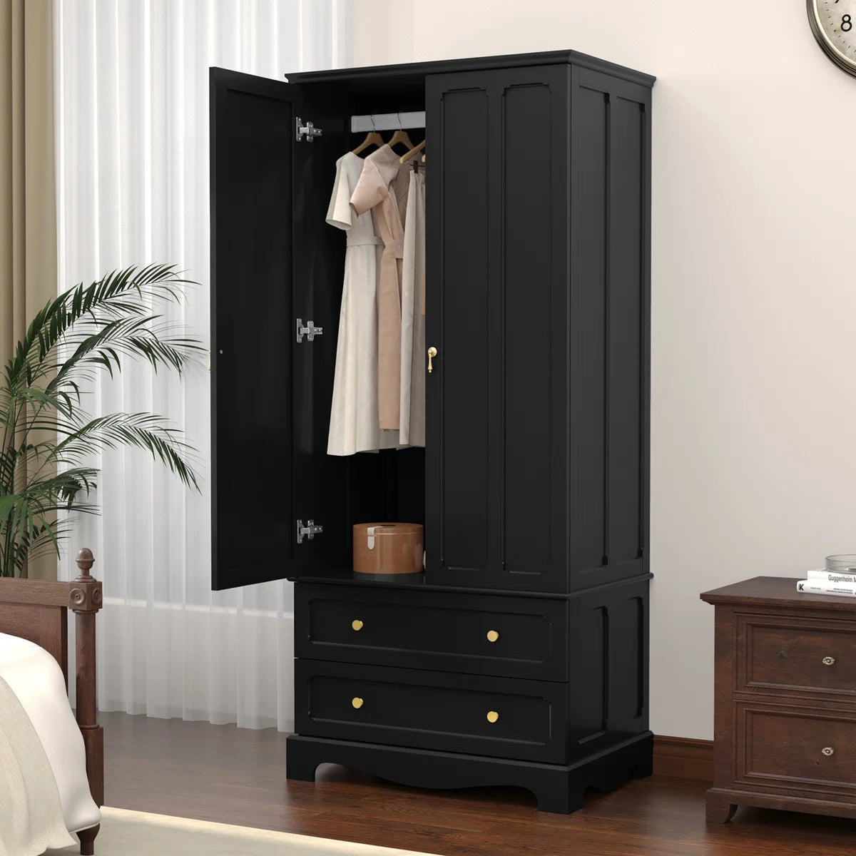 Elegant Wooden Wardrobe Armoire with 2 Drawers – Freestanding Design