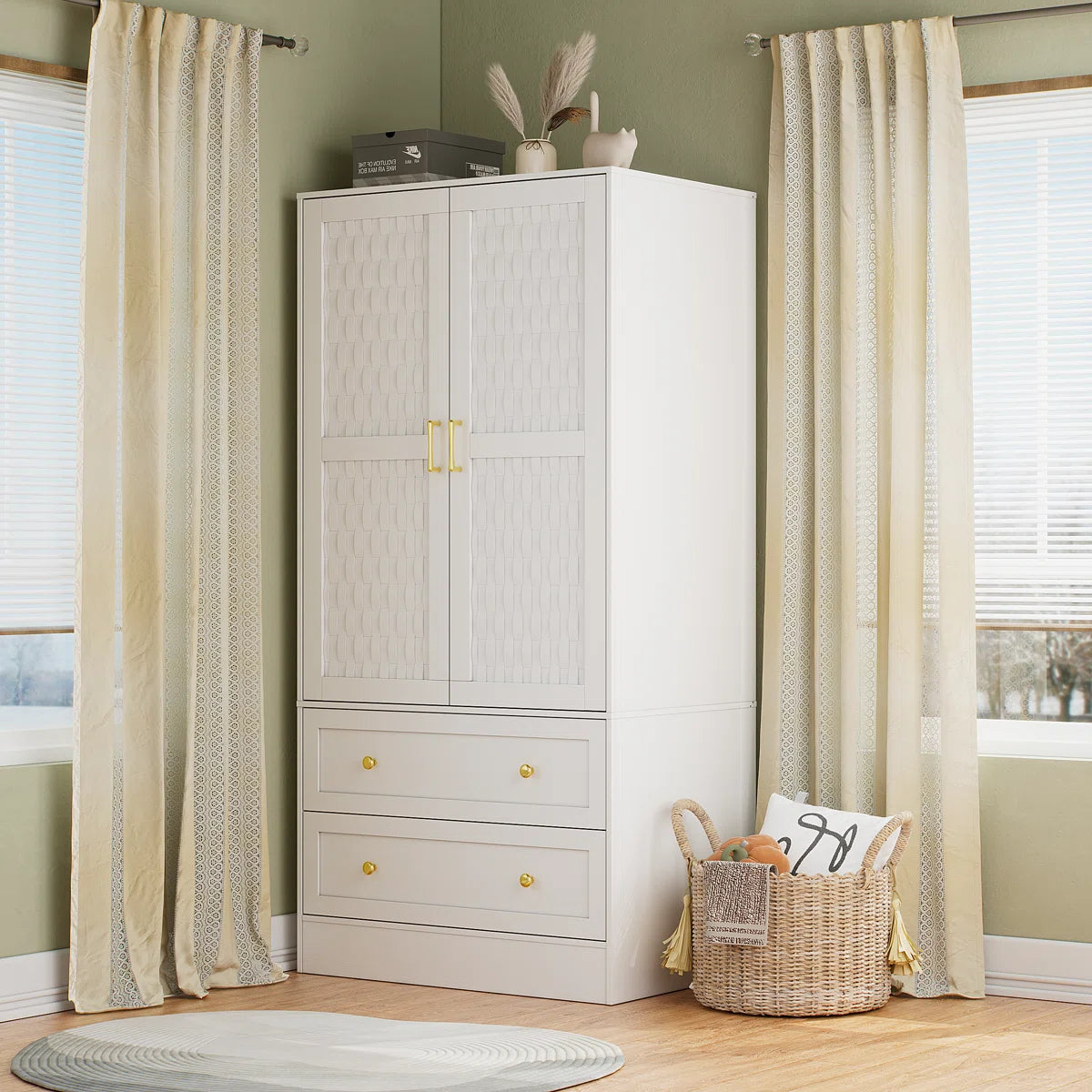 Ayara 2-Door Armoire Wardrobe – Wide Drawers and Hanging Rod for Bedroom OUCH CART