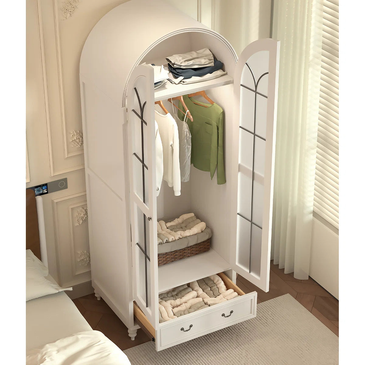 Creamy Retro Oak Arched Wardrobe – Elegant Wooden Bedroom Closet