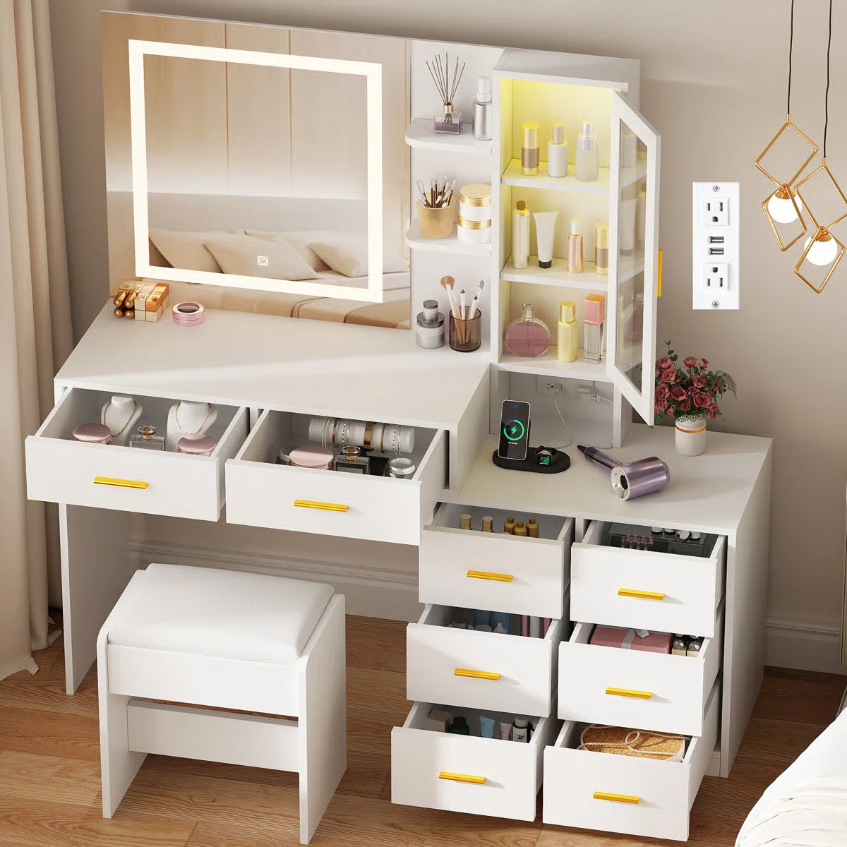 Adriel 51.8" Modern Makeup Vanity with Mirror, LED Lights, and Cabinet Storage