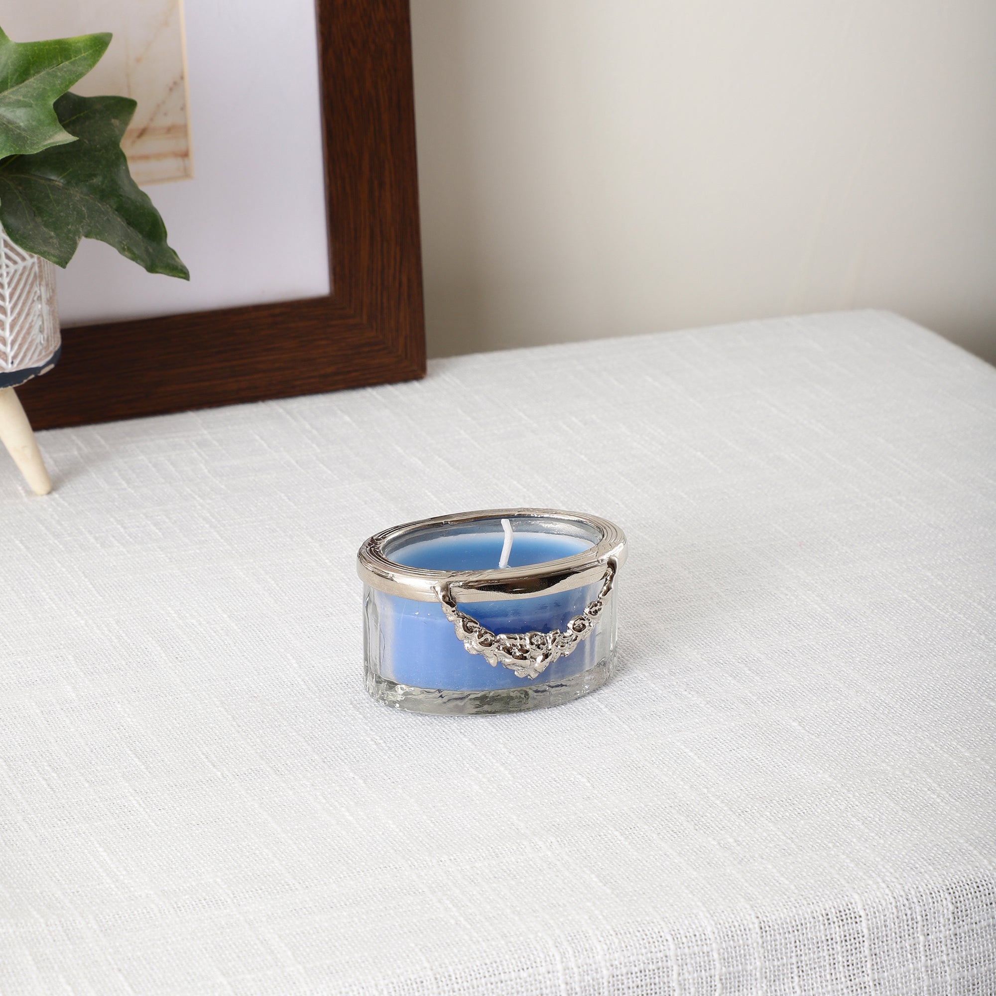 ocean breeze blue Scented candle jar with Silver ring