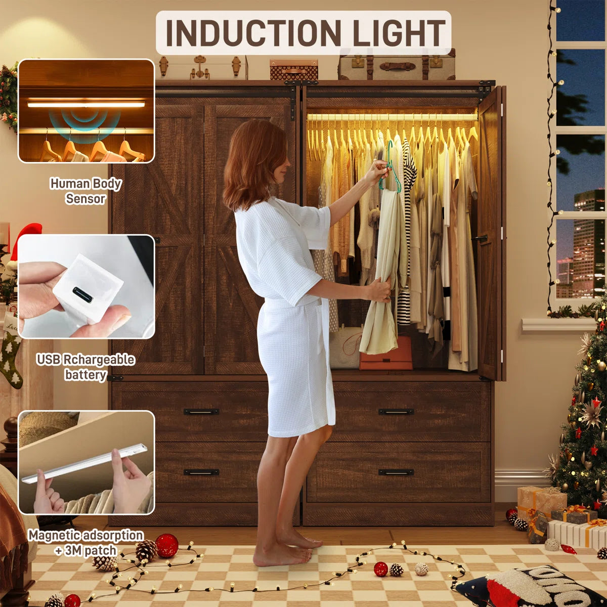 Farmhouse 72.8 Inch Armoire Wardrobe Closet with Sensor Light 2 Drawers and Hanging Rod-OUCH CART | Wardrobe