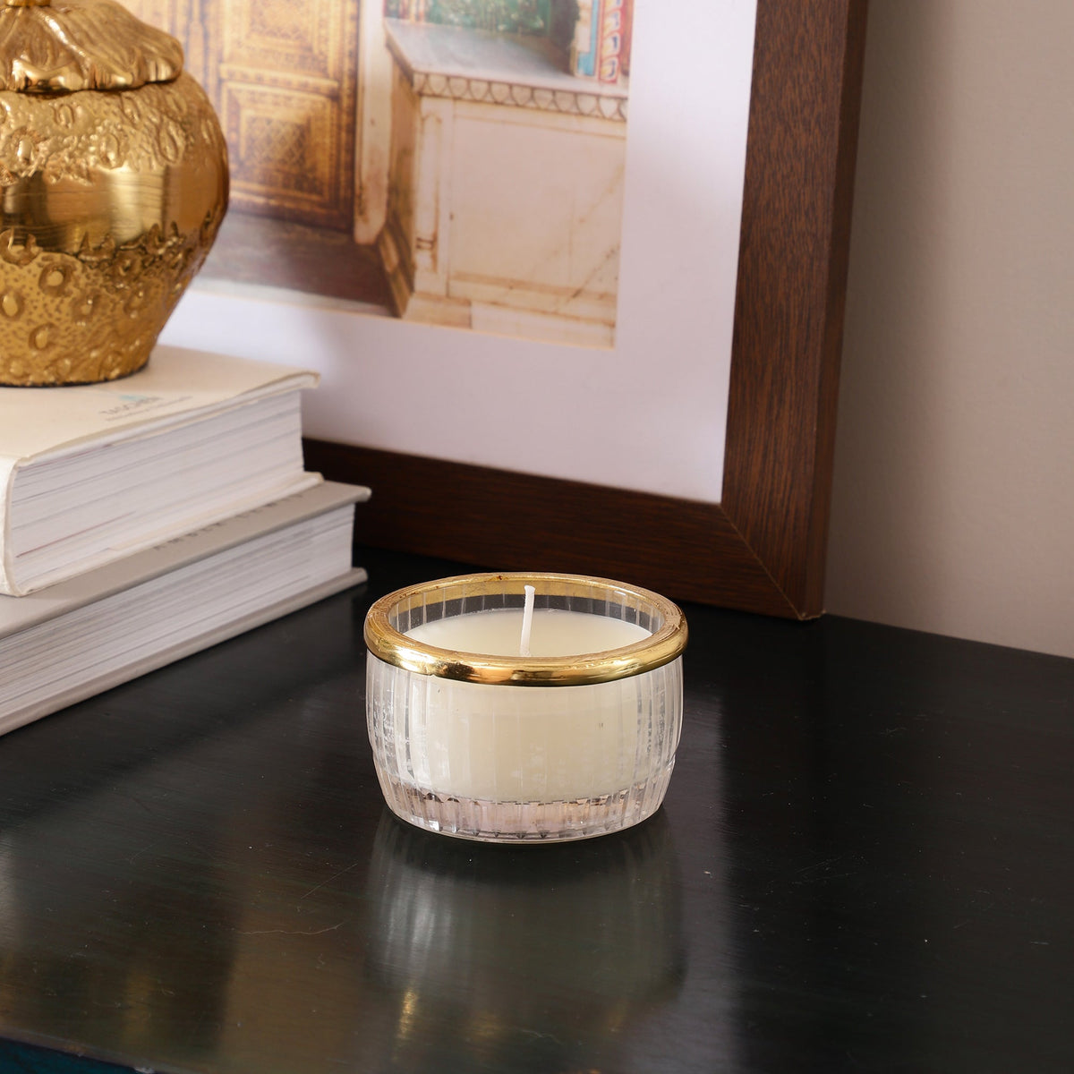 snowy whisper white scented candle glass jar with Golden Ring M.M.I. OVERSEAS