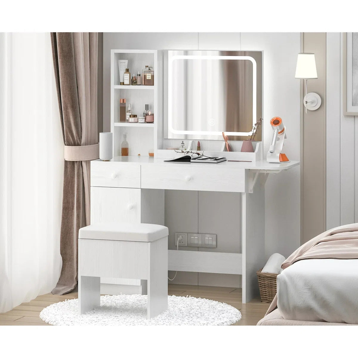 Vanity Desk with LED Lighted Mirror, Power Outlet, 2 Drawers, 3 Cubbies & Bookcase Storage for Bedroom OUCH CART