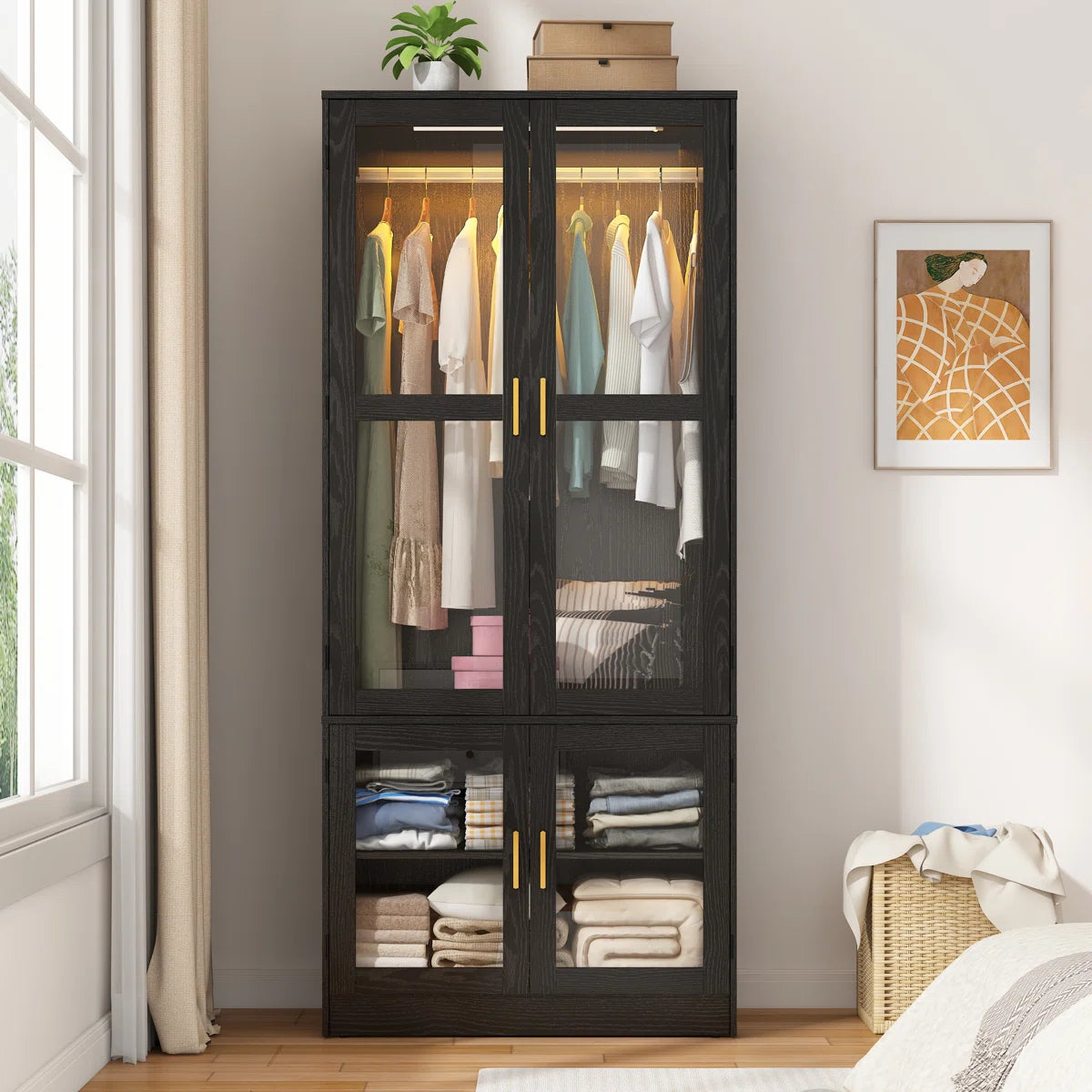 71" H 4-Door Armoire – Modern Wardrobe Closet with LED Sensor Lighting & Rod
