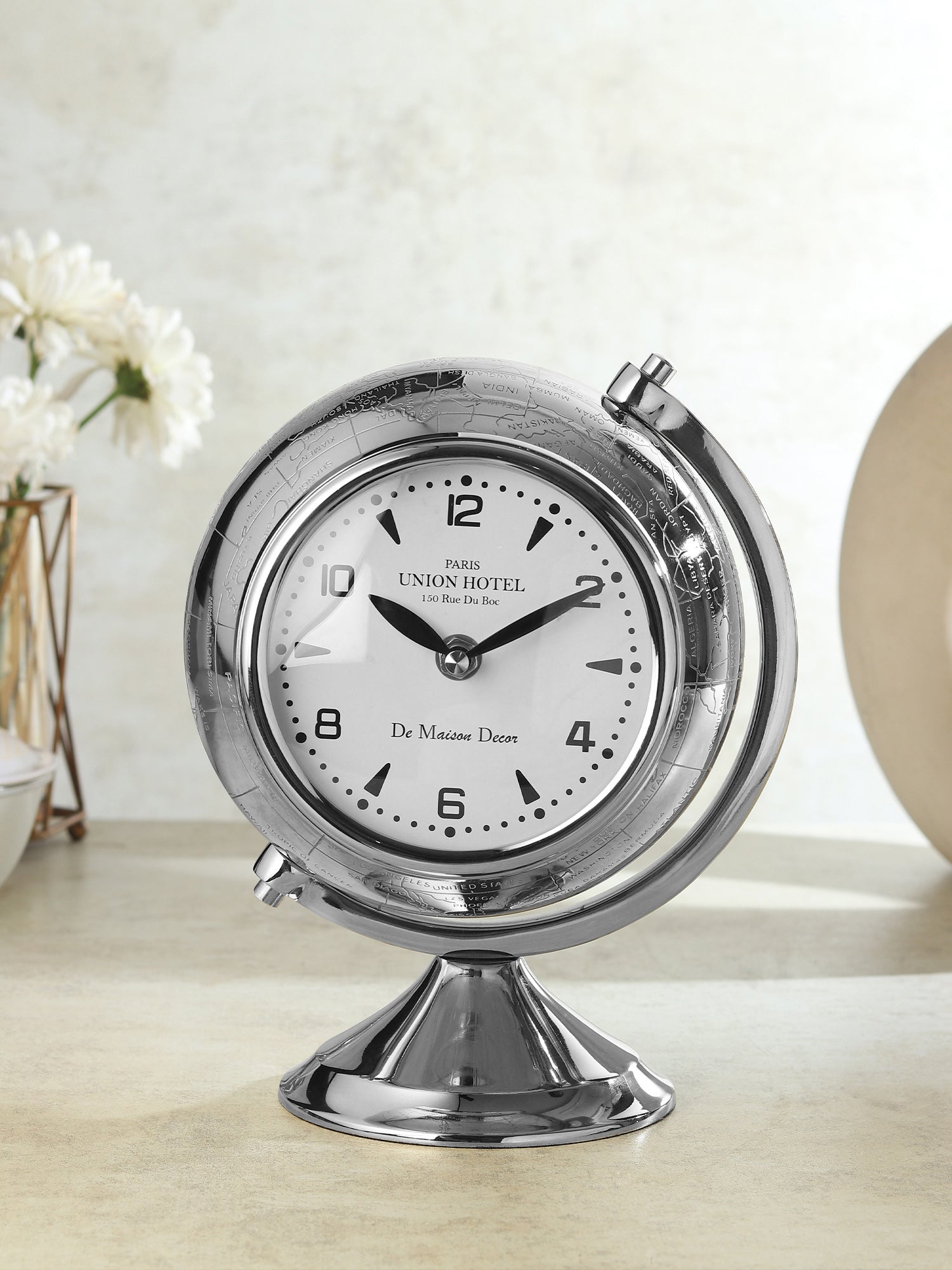 The Etched World Table Clock in Silver - OUCHCART