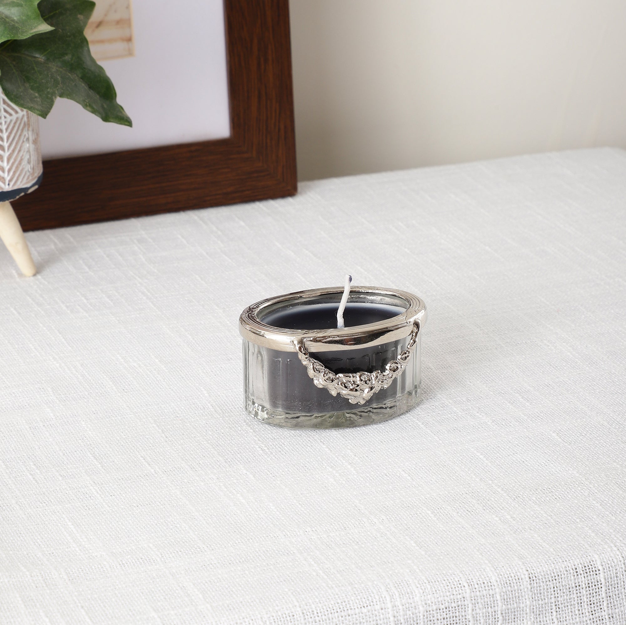 Black Velvet Scented Candle Jar With Silver Ring M.M.I. OVERSEAS