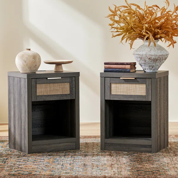 Bohemian Rattan Bedside Tables Set of 2 – Wooden Nightstands with Drawer, Shelf & Charging Station OUCH CART