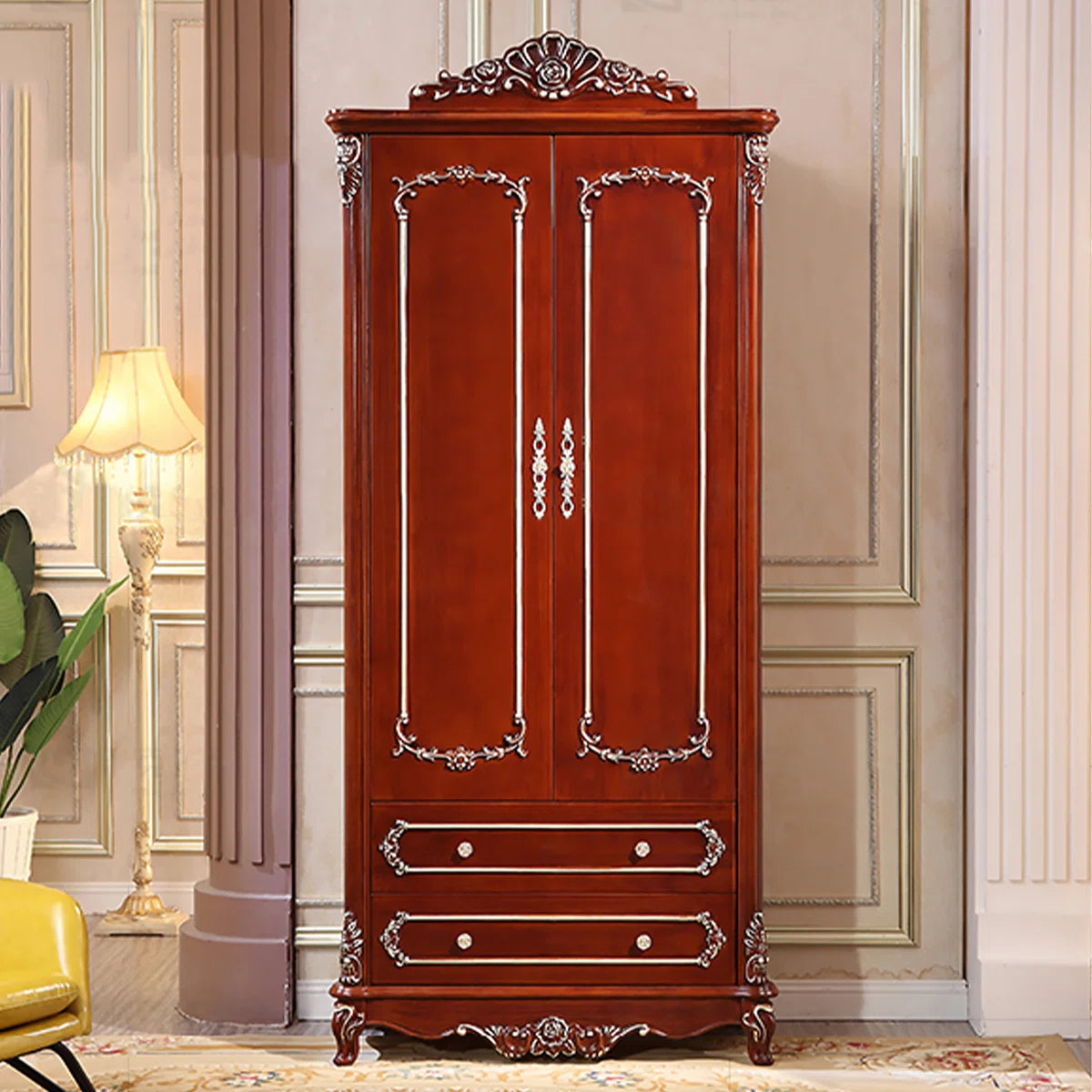 Carved Oak European-Style Wardrobe – Classic Wooden Bedroom Armoire