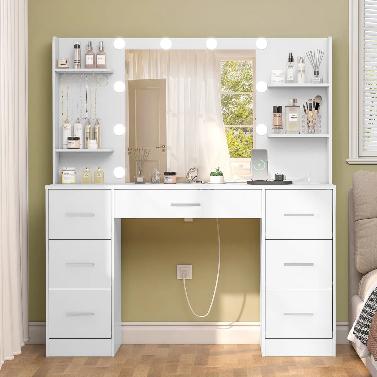 Camyla Large Makeup Vanity Table with LED Mirror, 7 Drawers, 4 Storage Shelves, Jewelry Hooks & Power Outlet