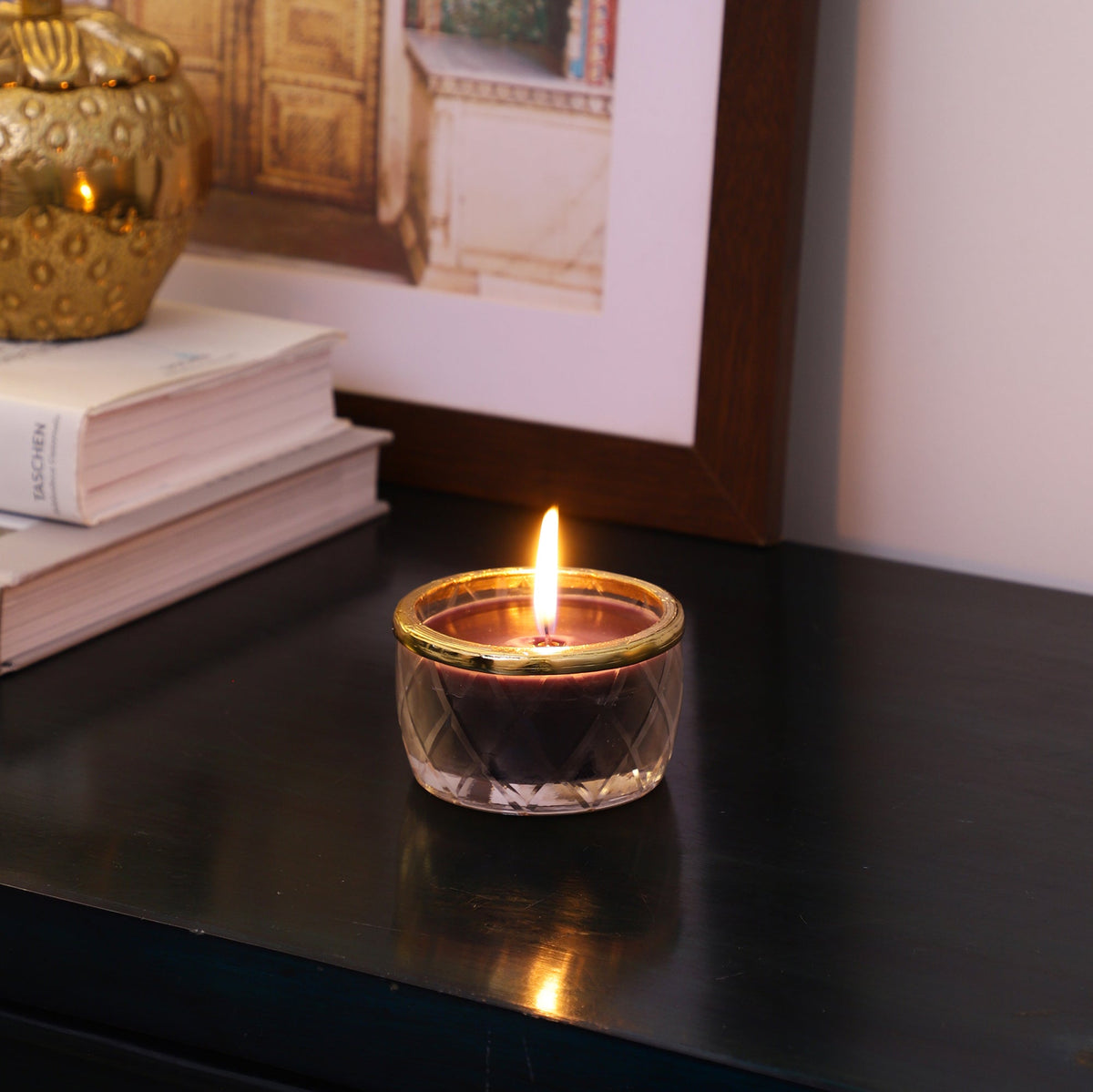 black velvet Scented candle jar with Golden Ring M.M.I. OVERSEAS