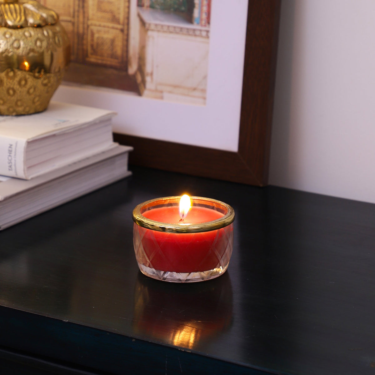 cherry blossom red scented candle jar with Golden ring M.M.I. OVERSEAS