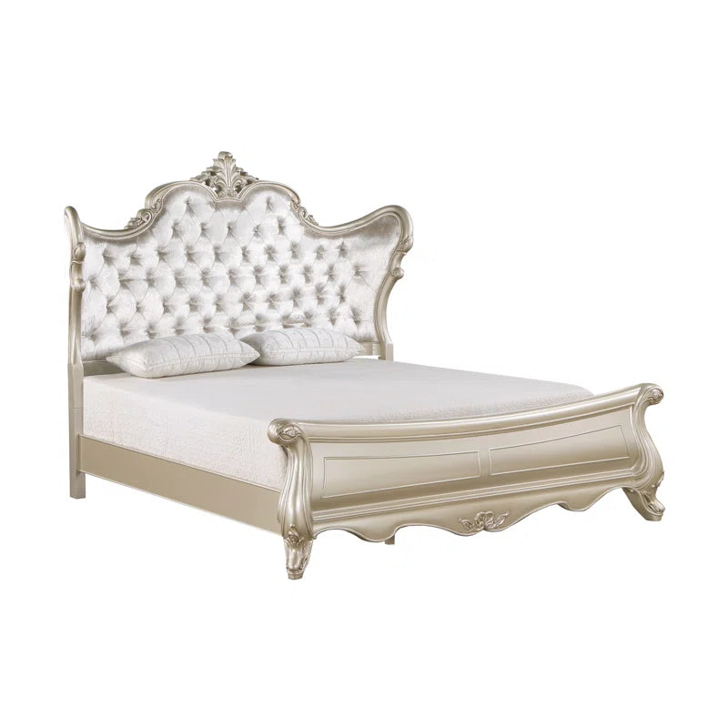 Monique Solid Wood Standard Bed with Upholstered Headboard in Champagne OUCH CART