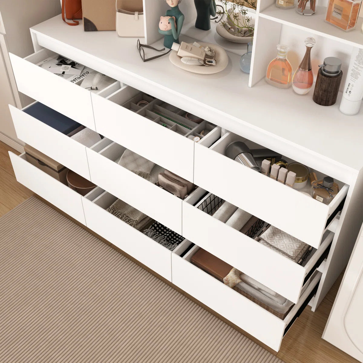 Spacious 9-Drawer 7-Shelf Wardrobe – Wooden Closet with Full-Length Mirror OUCH CART